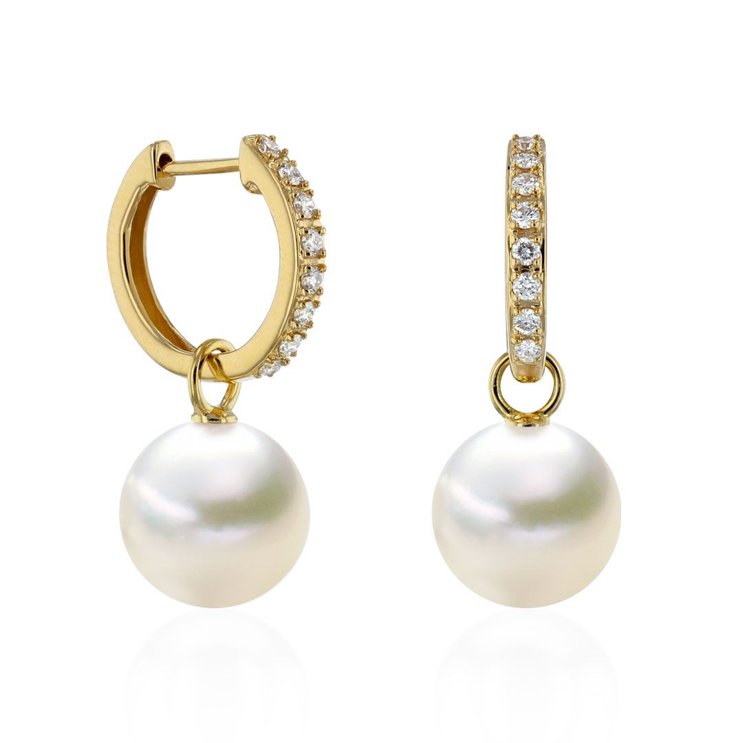 AURONOS Pearl hoop earrings in 18K yellow gold with 16 brilliant-cut diamonds 0.37ct and Ming pearls 10-11mm