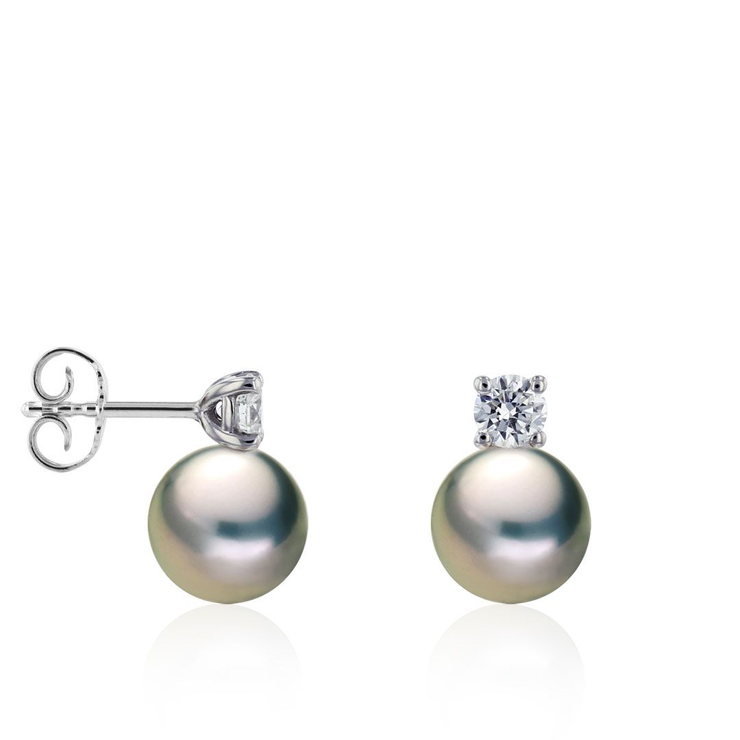 AURONOS Clous d'oreilles en perles en or blanc 18K avec 2 brillants 0.50ct et perles de Tahiti 9.5-10mm