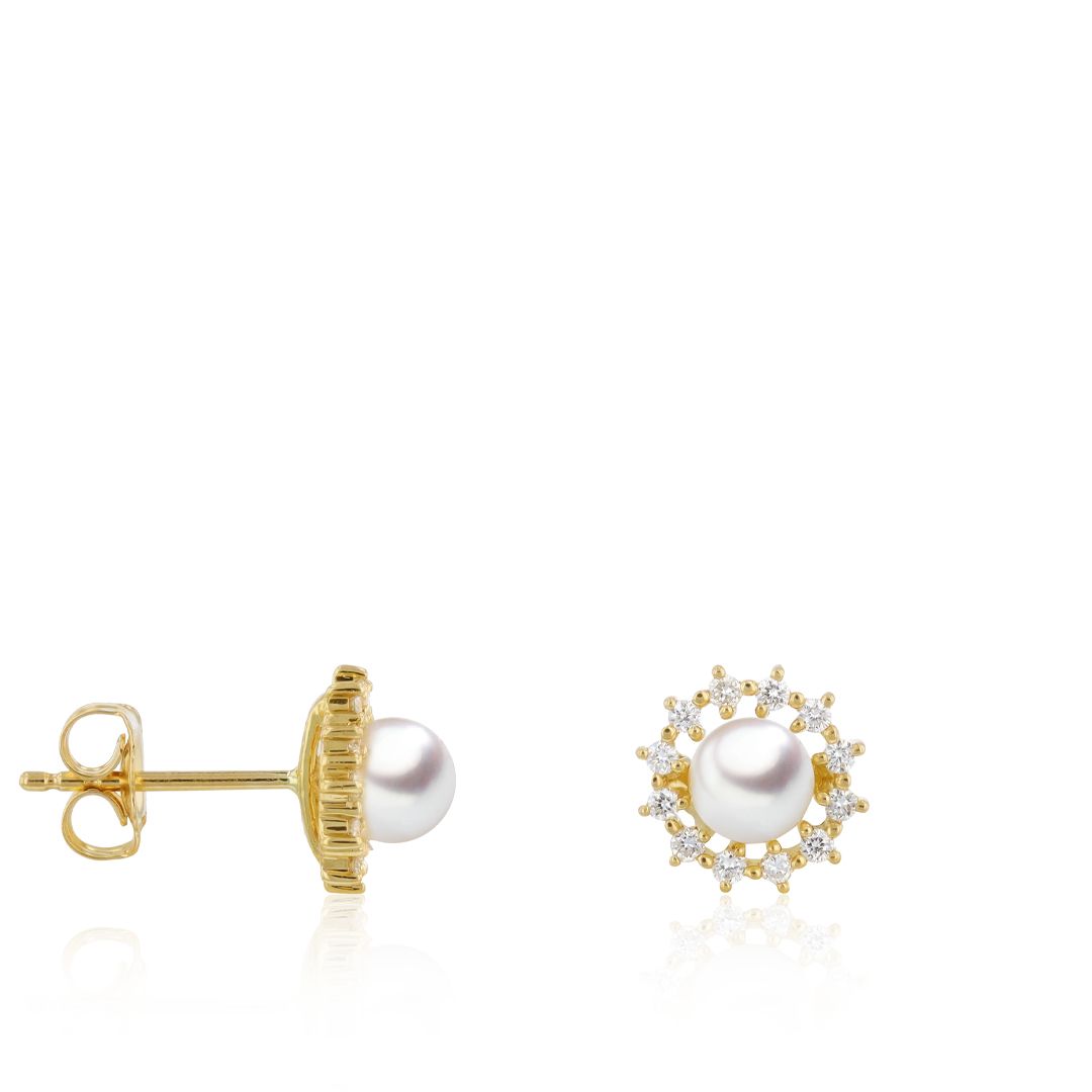 AURONOS Pearl stud earrings in 18K yellow gold with 24 brilliant-cut diamonds 0.24ct and Akoya pearls 4.5-5mm