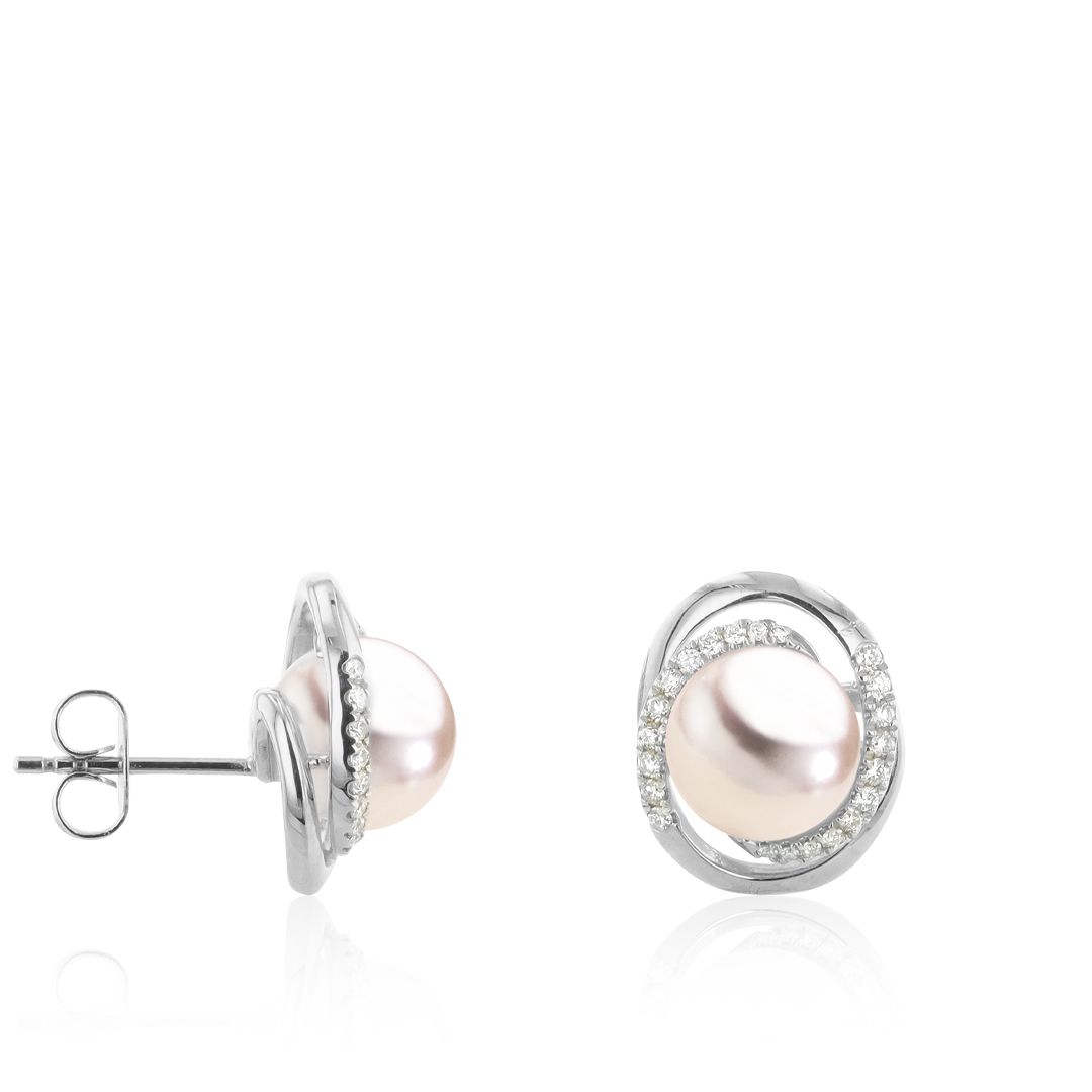 AURONOS Pearl stud earrings in 18K white gold with 44 brilliant-cut diamonds 0.23ct and Akoya pearls 7.5-8mm