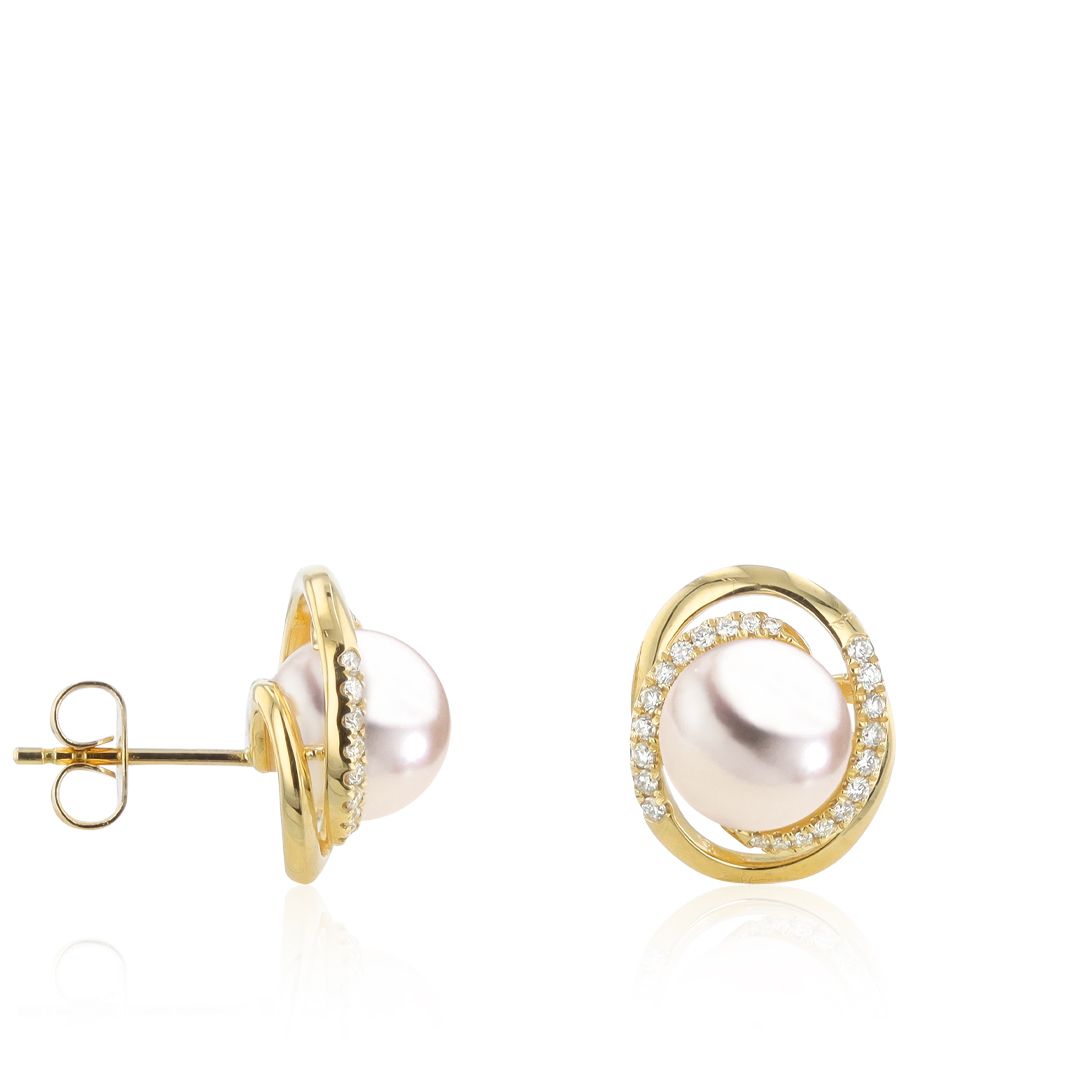 AURONOS Pearl stud earrings in 18K yellow gold with 44 brilliant-cut diamonds 0.23ct and Akoya pearls 7.5-8mm