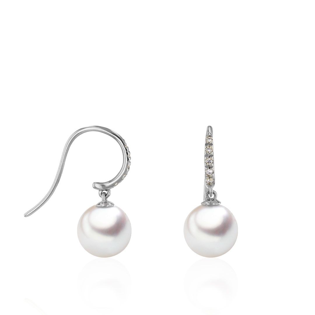 AURONOS Perles Boucles d'oreilles en or blanc 18K avec 10 brillants 0.04ct et perles Akoya 8-8.5mm