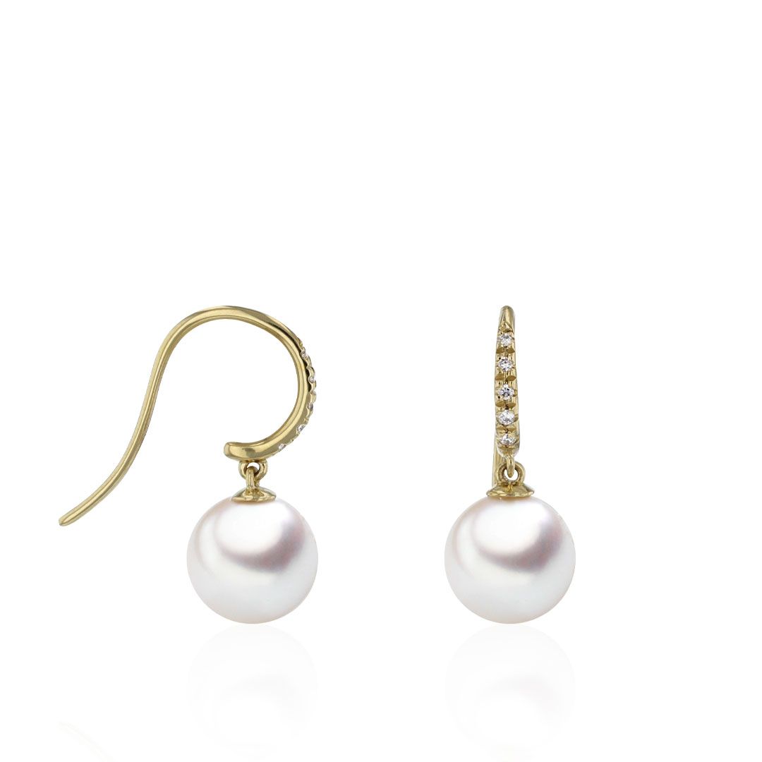 AURONOS Pearl earrings in 18K yellow gold with 10 brilliant-cut diamonds 0.04ct and Akoya pearls 8-8.5mm