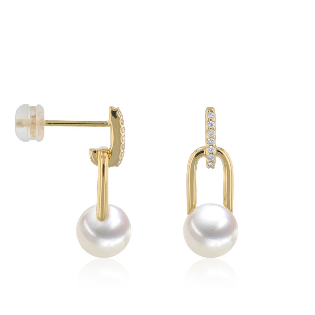 AURONOS Pearl earrings in 18K yellow gold with 14 brilliant-cut diamonds 0.06ct and freshwater pearls 6-7mm