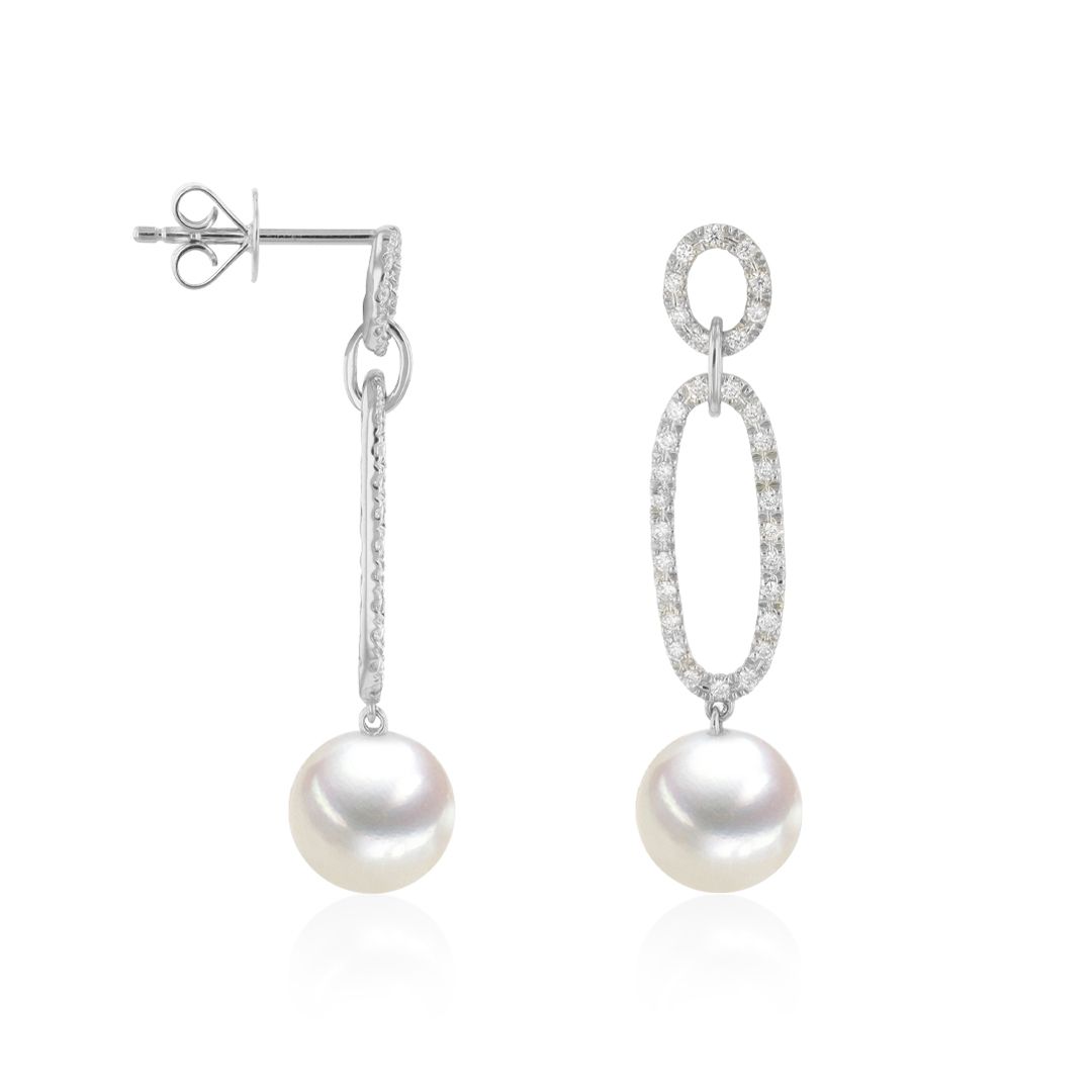 AURONOS Pearl earrings in 18K white gold with 64 brilliant-cut diamonds 0.22ct and freshwater pearls 7.5-8mm