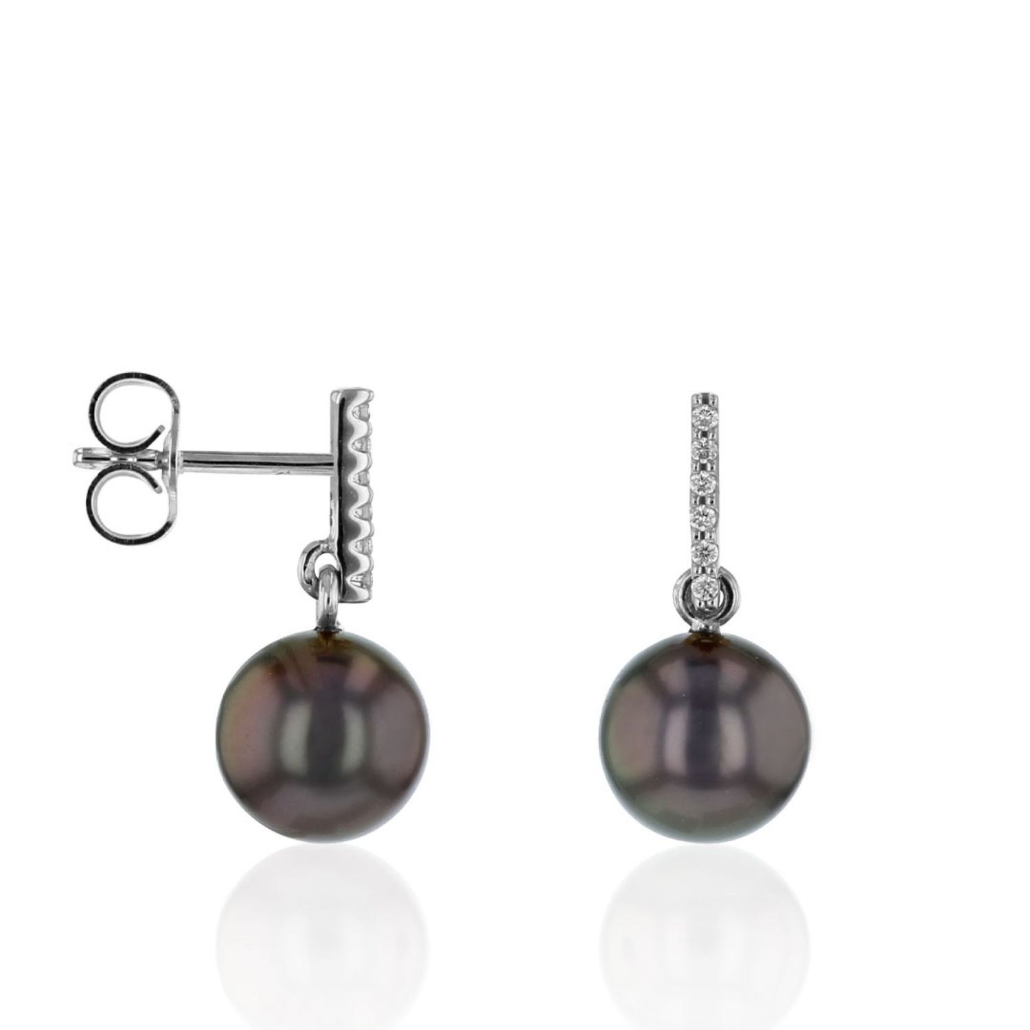 AURONOS Pearl earrings in 18K white gold with 12 diamonds 0.06ct and Tahitian pearls 8-9mm