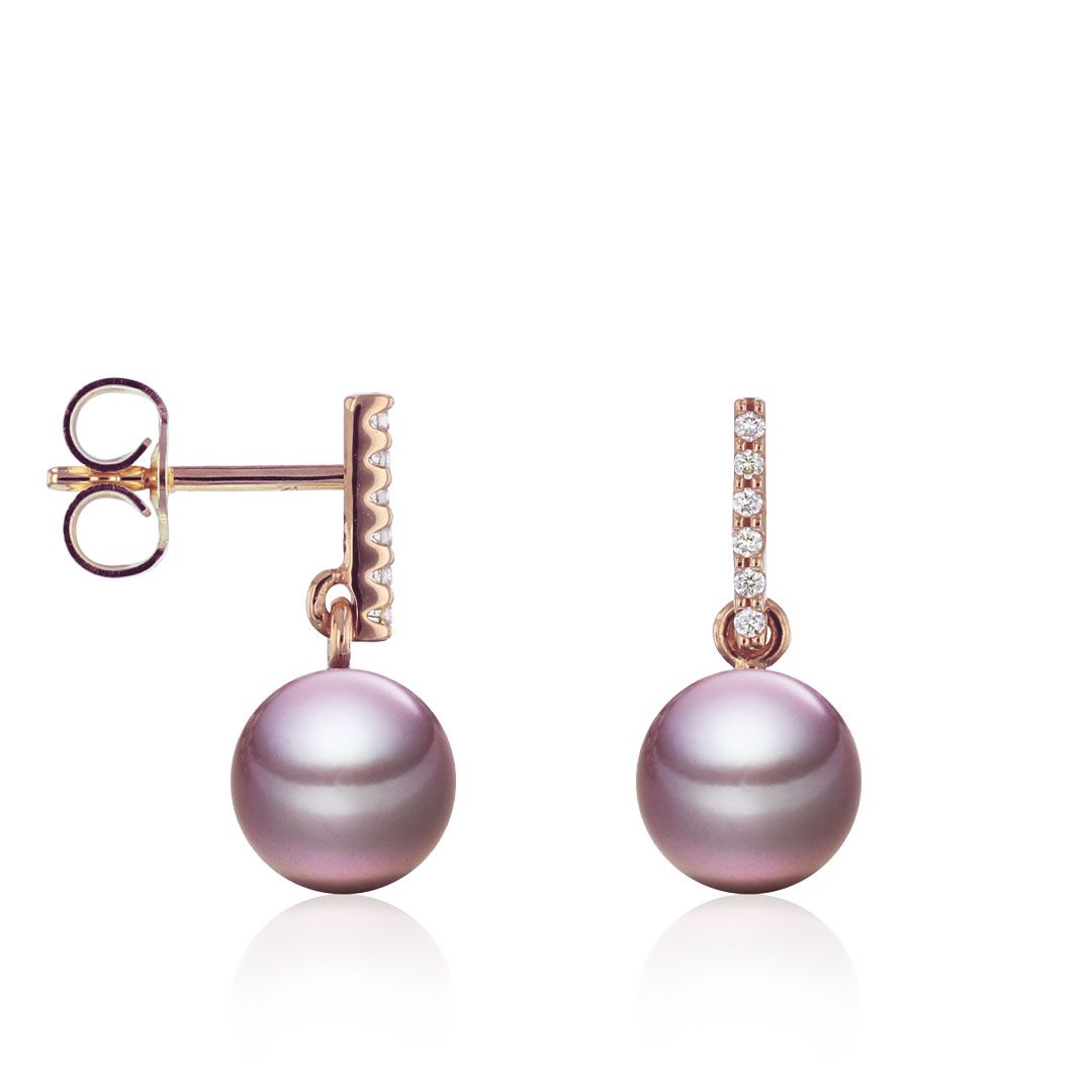 AURONOS Perles Boucles d'oreilles en or rose 18K avec 12 brillants 0.06ct et perles Ming 10-11mm