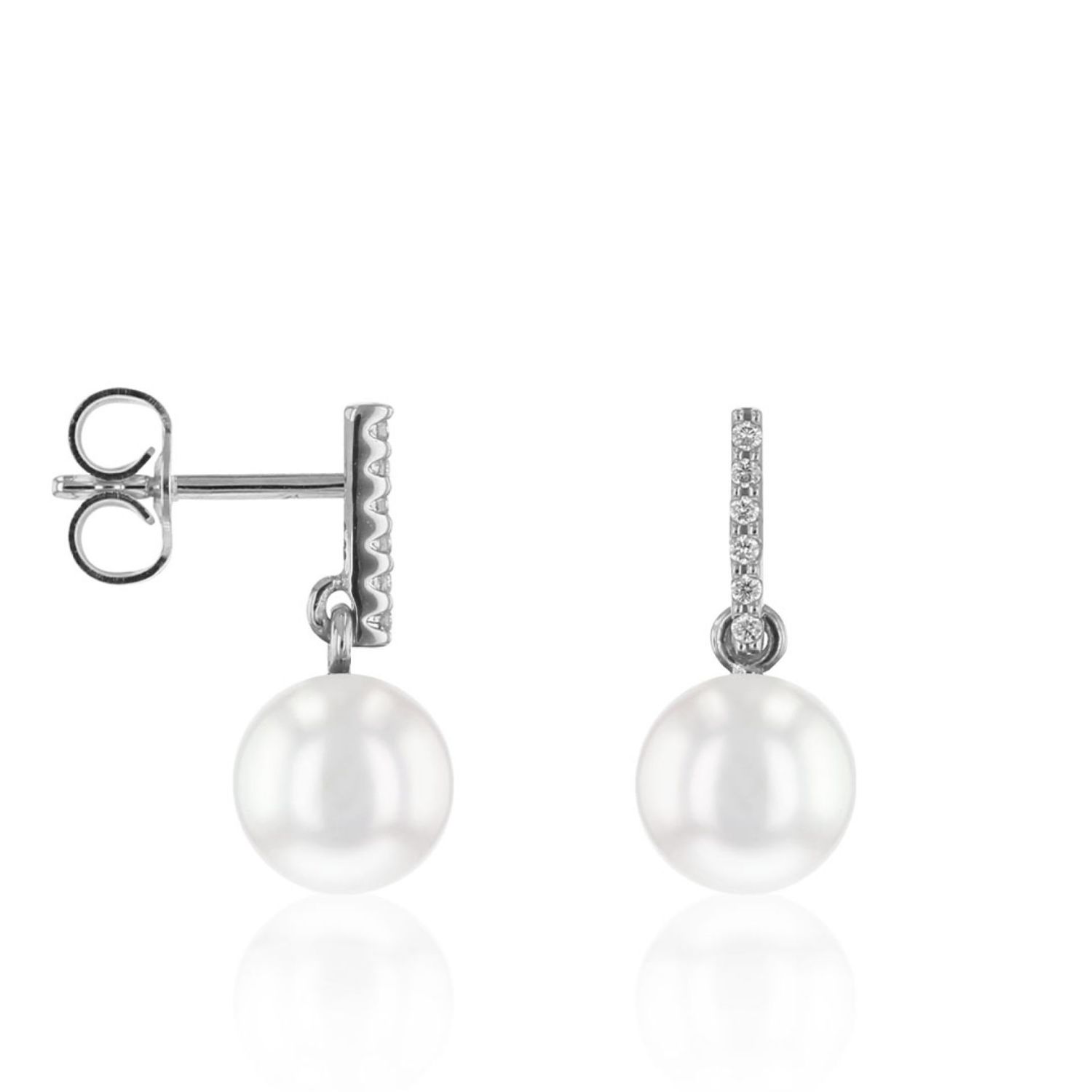 AURONOS Pendentifs d'oreilles en perles en or blanc 18K avec 12 brillants 0.06ct et perles d'eau douce 8.5-9mm