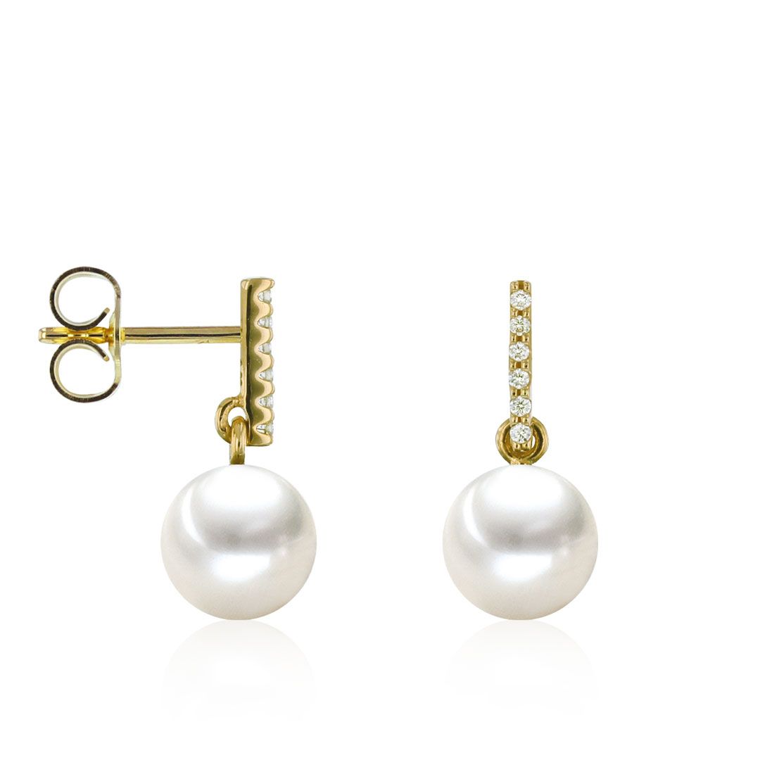 AURONOS Pearl earrings in 18K yellow gold with 12 brilliant-cut diamonds 0.06ct and freshwater pearls 8.5-9mm