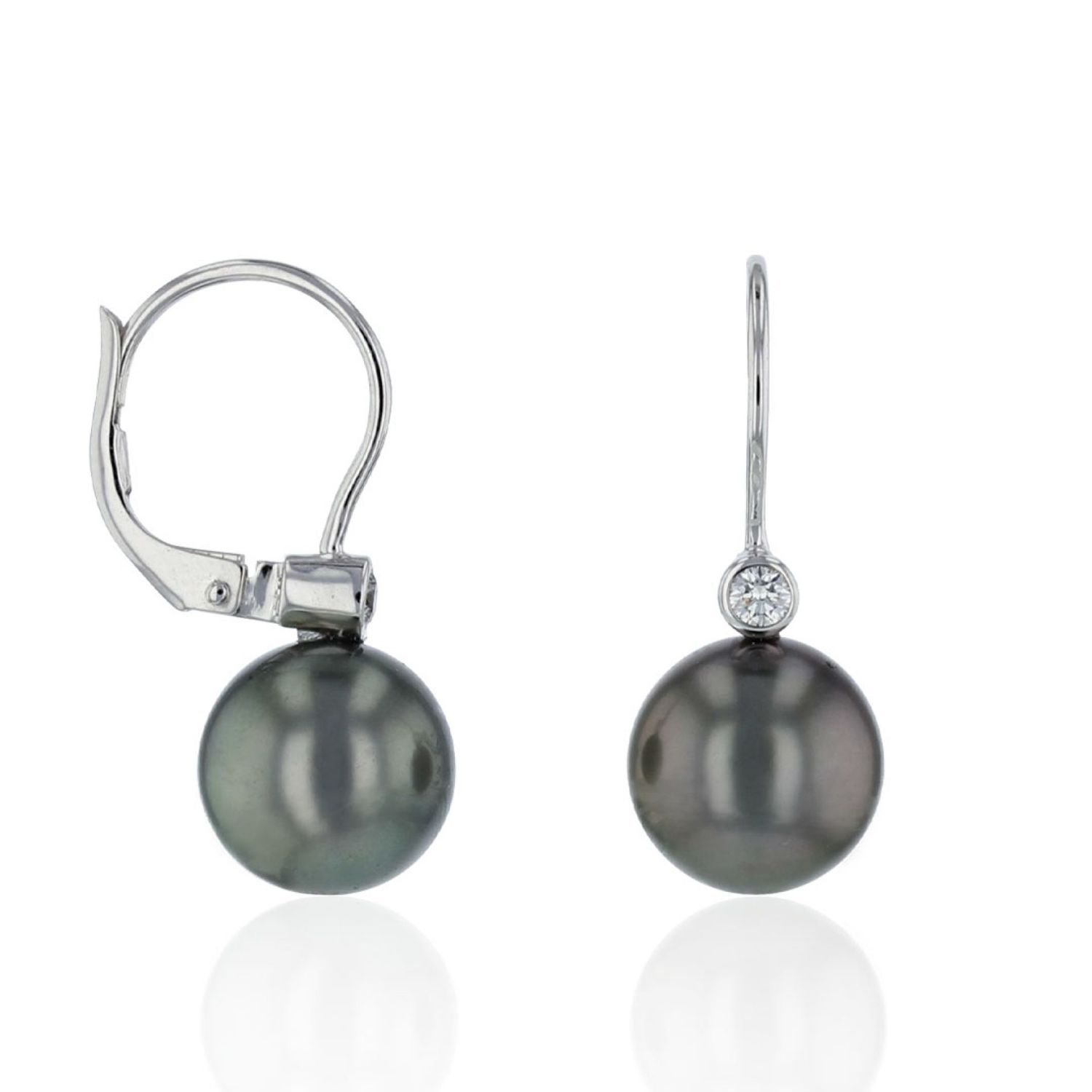 AURONOS Pearl earrings in 18K white gold with 2 diamonds 0.10ct and Tahitian pearls 9-9.5mm