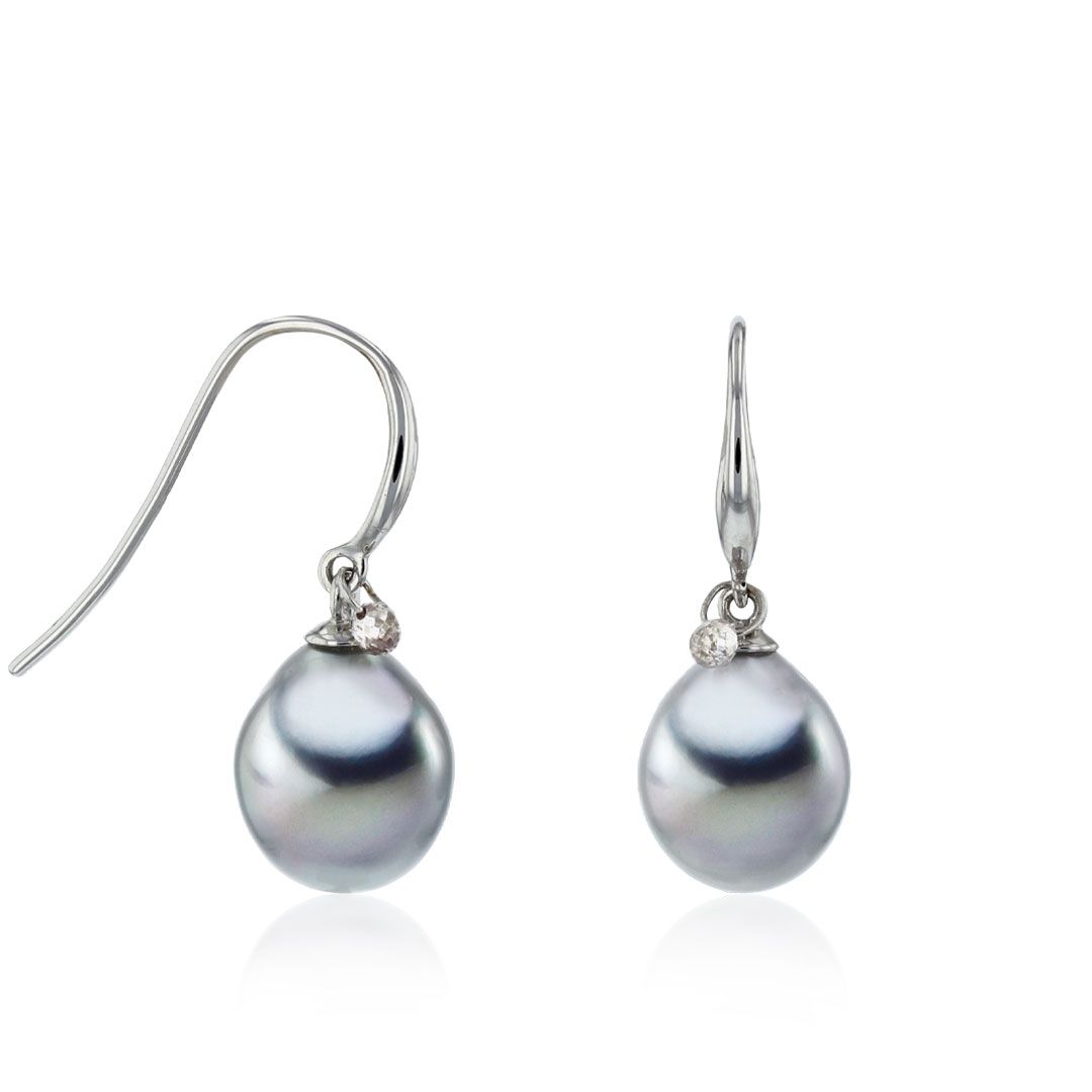 AURONOS Pearl earrings in 18K white gold with diamond and drop Tahitian pearls 9-11mm