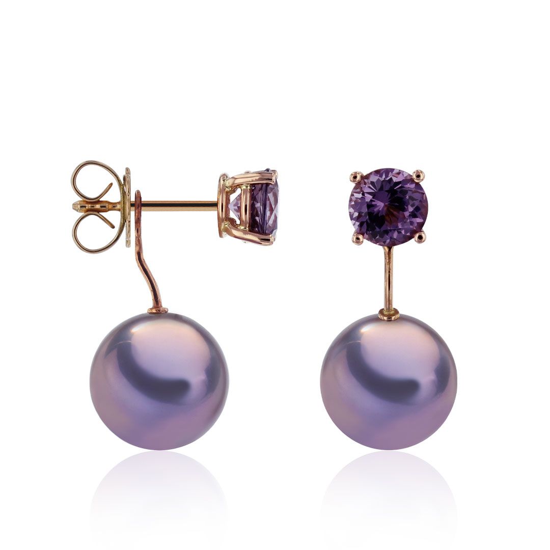 AURONOS Pearl earrings in 18K rose gold with spinel 1.55ct and Ming pearls 10-12mm