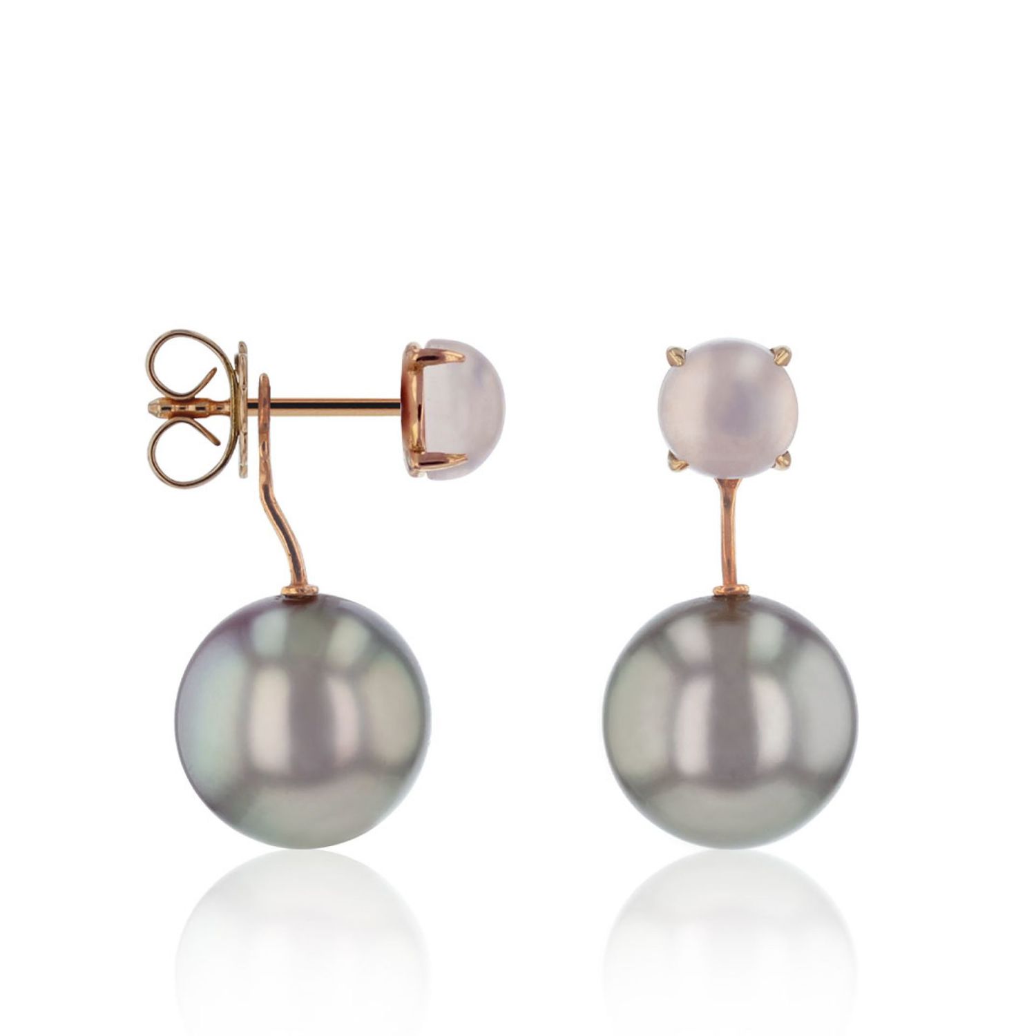 AURONOS Pearl earrings in 18K rose gold with rose quartz and Ming pearls 10-13mm