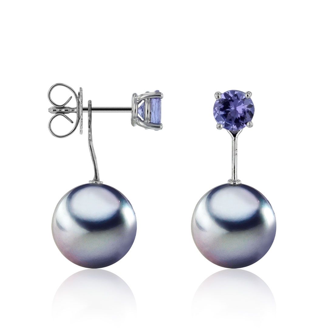 AURONOS Pendentifs d'oreilles en perles en or blanc 18K avec tanzanite 1.15ct et perles de Tahiti 10-11mm