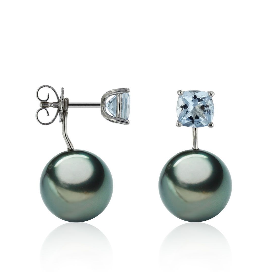 AURONOS Boucles d'oreilles en perles de platine 950 avec aigue-marine 1.61ct et perles de Tahiti 12-13mm