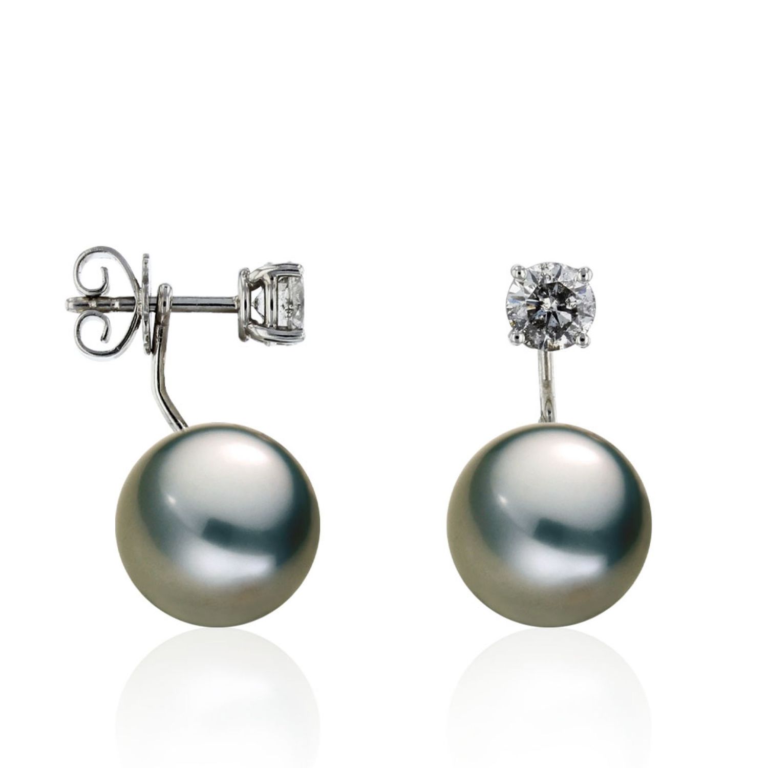 AURONOS Pearl earrings in 18K white gold with diamonds 0.74ct and Tahitian pearls 11-12mm