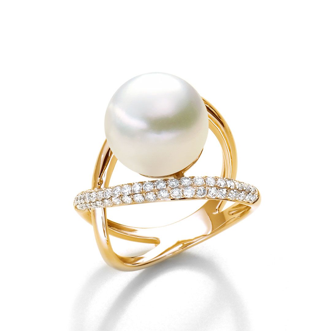 AURONOS Pearl Ring 18K yellow gold with 67 diamonds 0.69ct and South Sea pearl 11-12mm