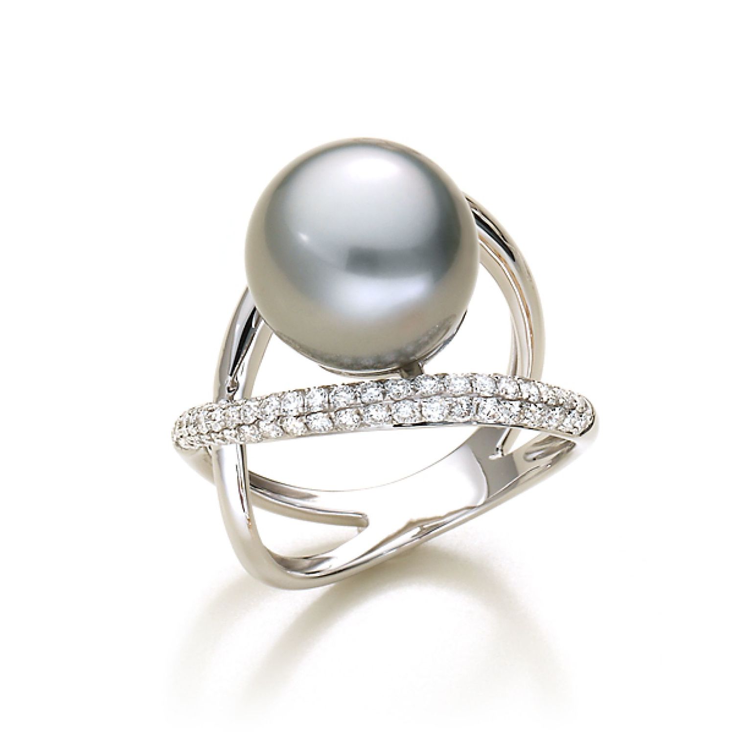 AURONOS Pearl Ring 18K white gold with 67 diamonds 0.69ct and Tahiti pearl 12-12.5mm