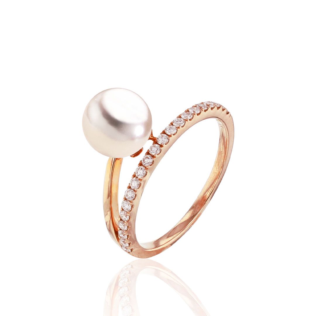 AURONOS Pearl Ring 18K rose gold with 21 diamonds 0.23ct and Akoya bead 7.5-8mm