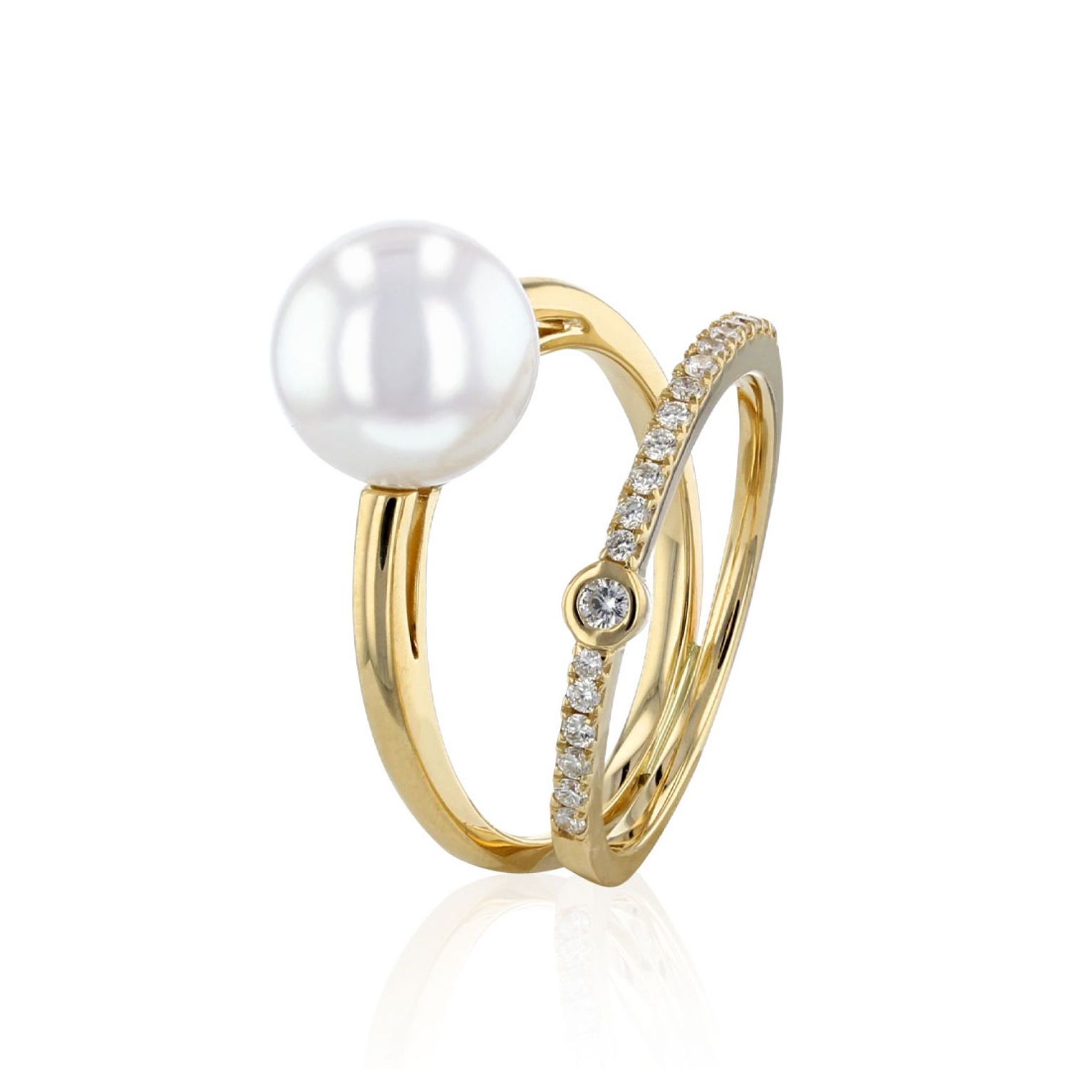 AURONOS Bague perles 18K or jaune avec 20 diamants 0.17ct et perle d’eau douce 9-9.5mm