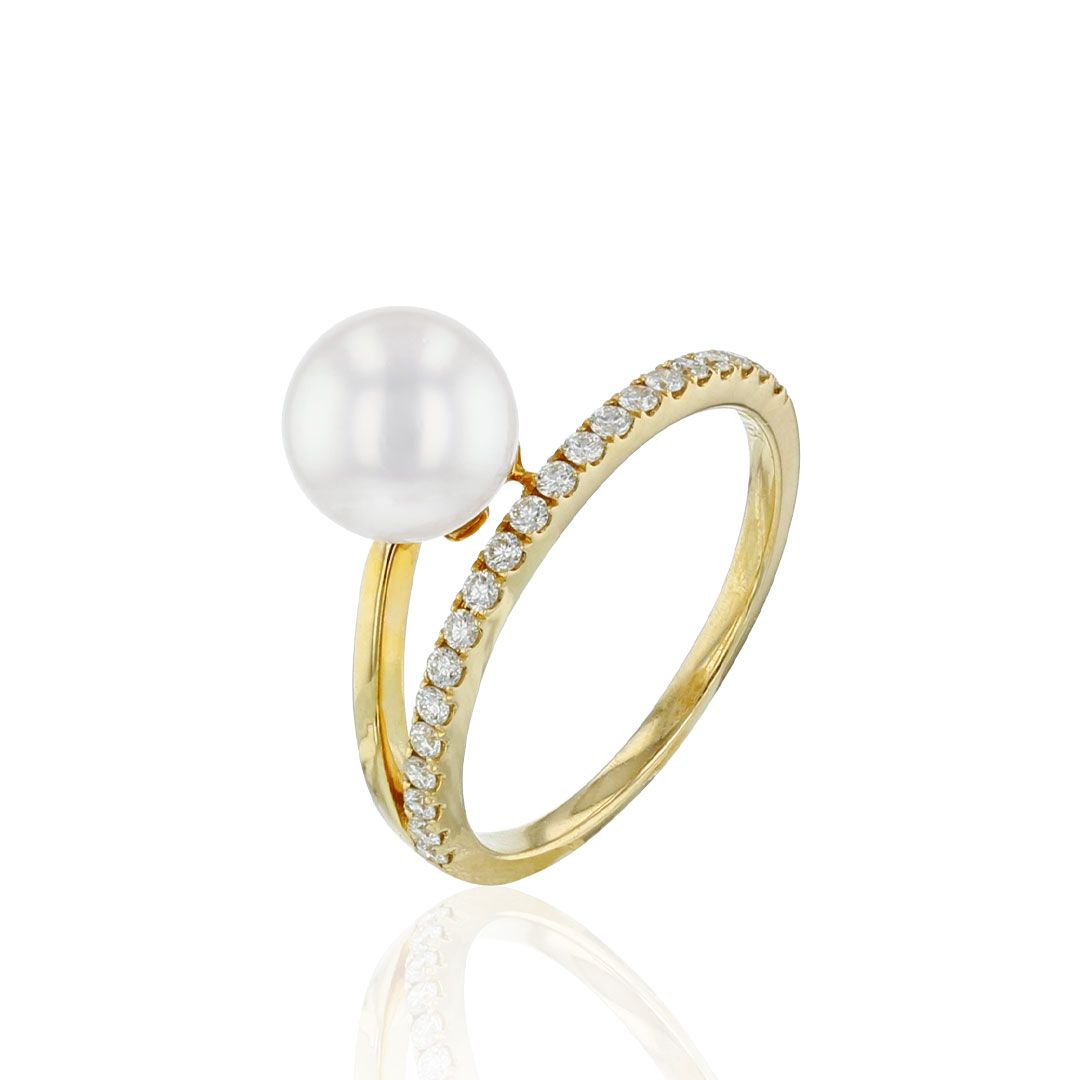 AURONOS Bague en perles 18K or jaune avec 21 diamants 0.23ct et perle Akoya 7.5-8mm