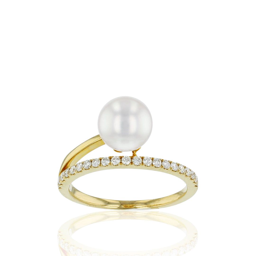 AURONOS Pearl Ring 18K yellow gold with 21 diamonds 0.23ct and Akoya bead 7.5-8mm