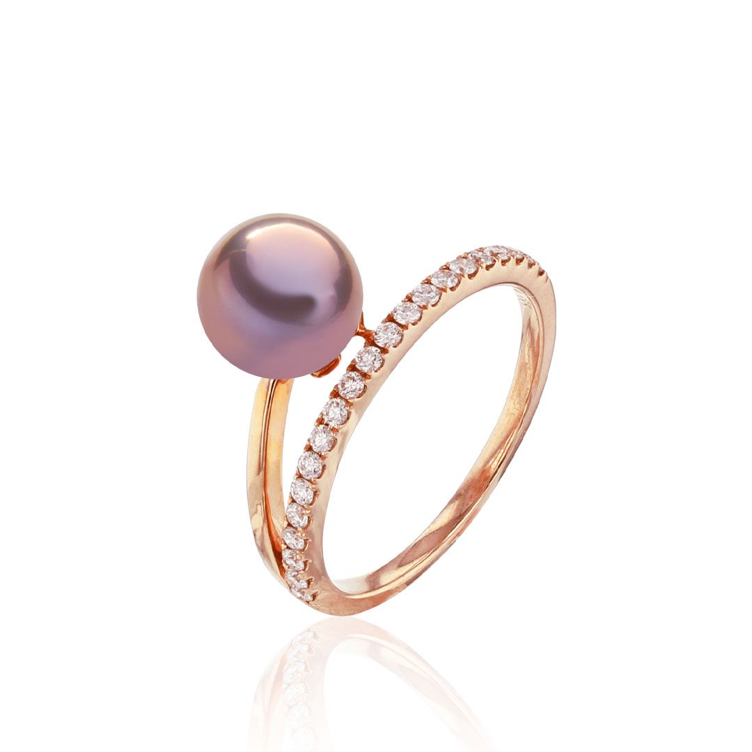 AURONOS Bague en perles 18K or rose avec 21 diamants 0.23ct et perle Ming 10-11mm