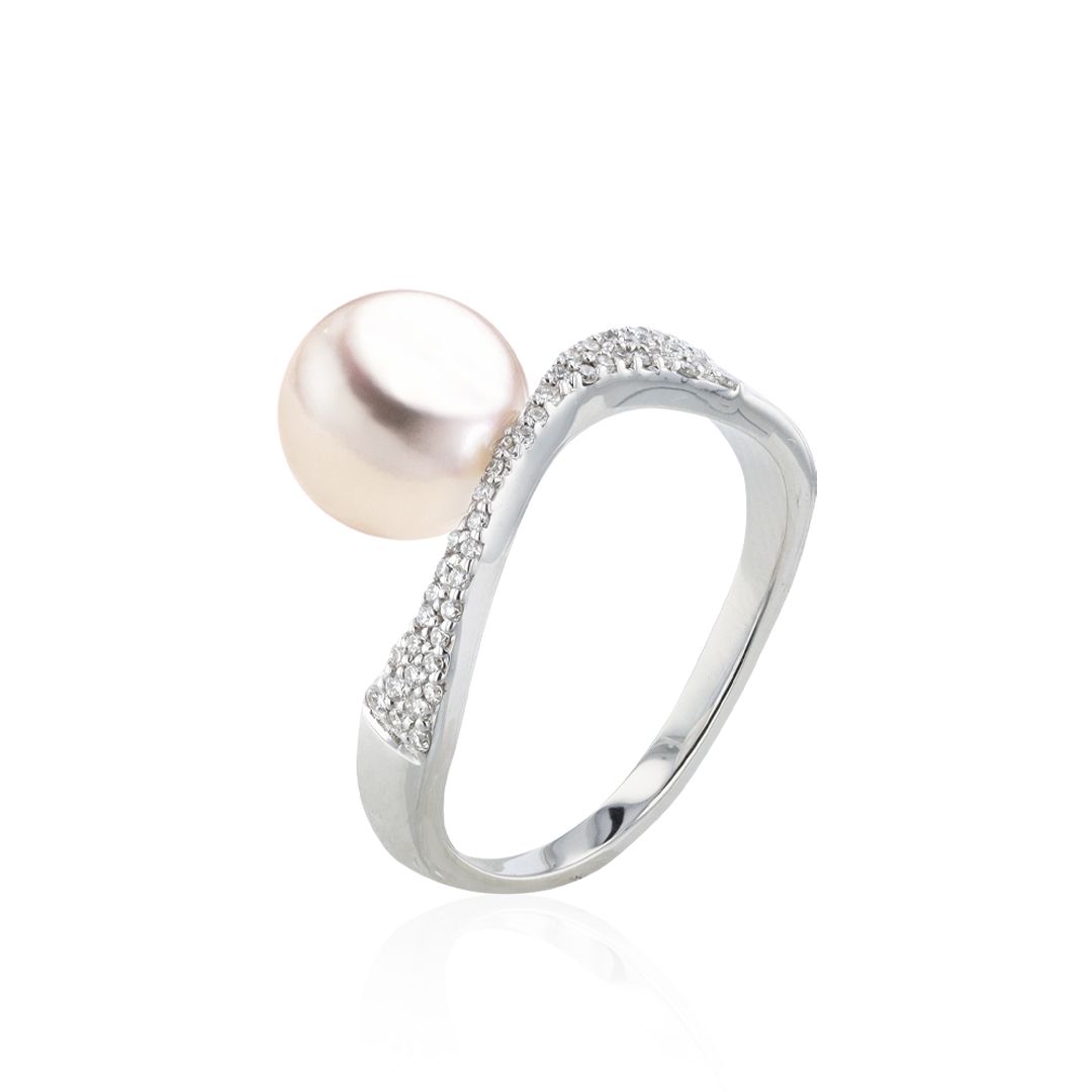 AURONOS Bague en perles 18K or blanc avec 44 diamants 0.18ct et perle Akoya 8.5-9mm