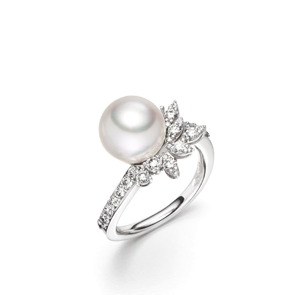 AURONOS Bague en perles 18K or blanc avec diamants 0.70ct et perle des mers du sud 10-11mm