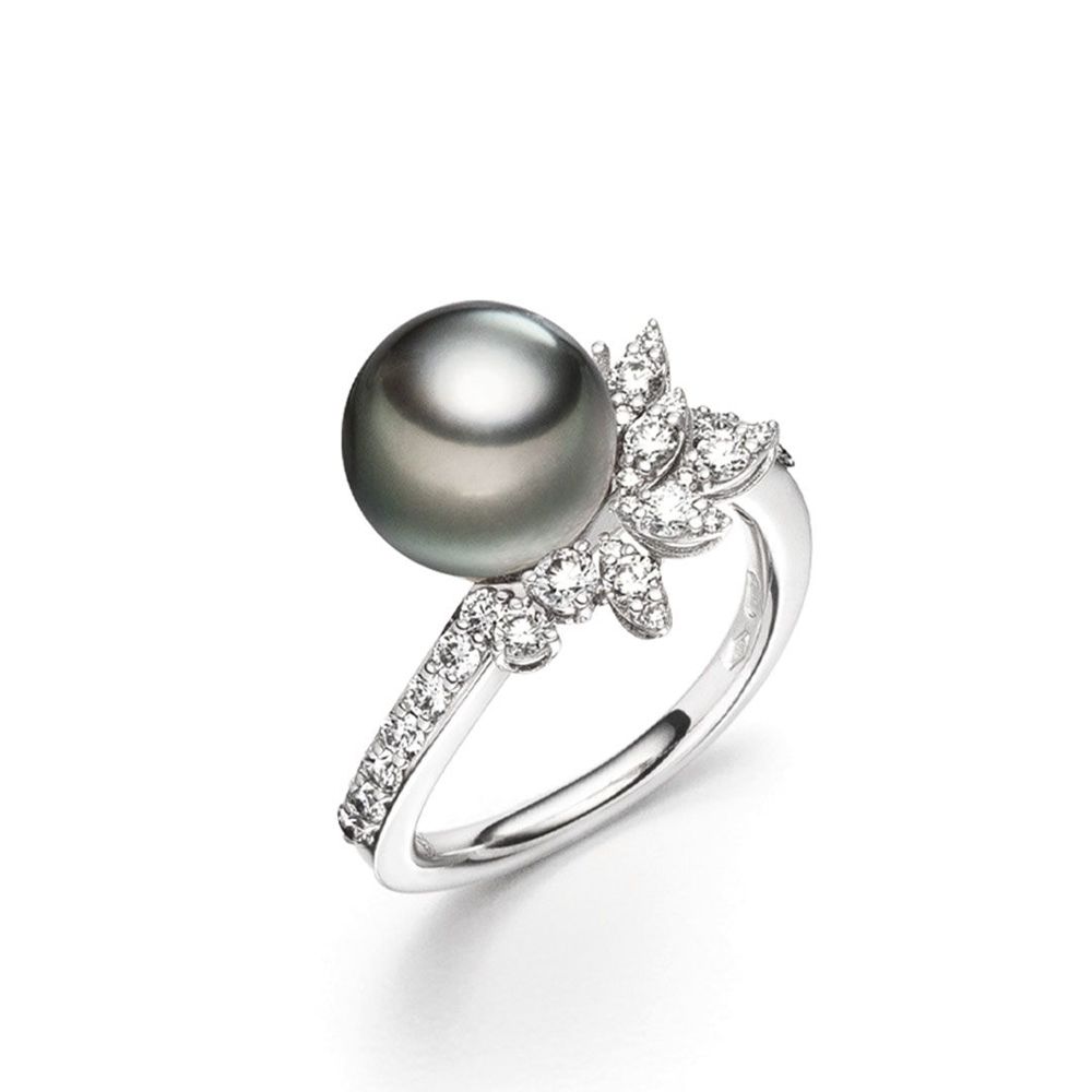 AURONOS Bague en perles 18K or blanc avec diamants 0.70ct et perle de Tahiti 10-11mm