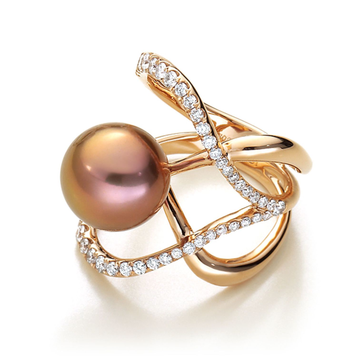 AURONOS Pearl Ring 18K Rose Gold with 43 diamonds 0.67ct and Ming bead 11-12mm