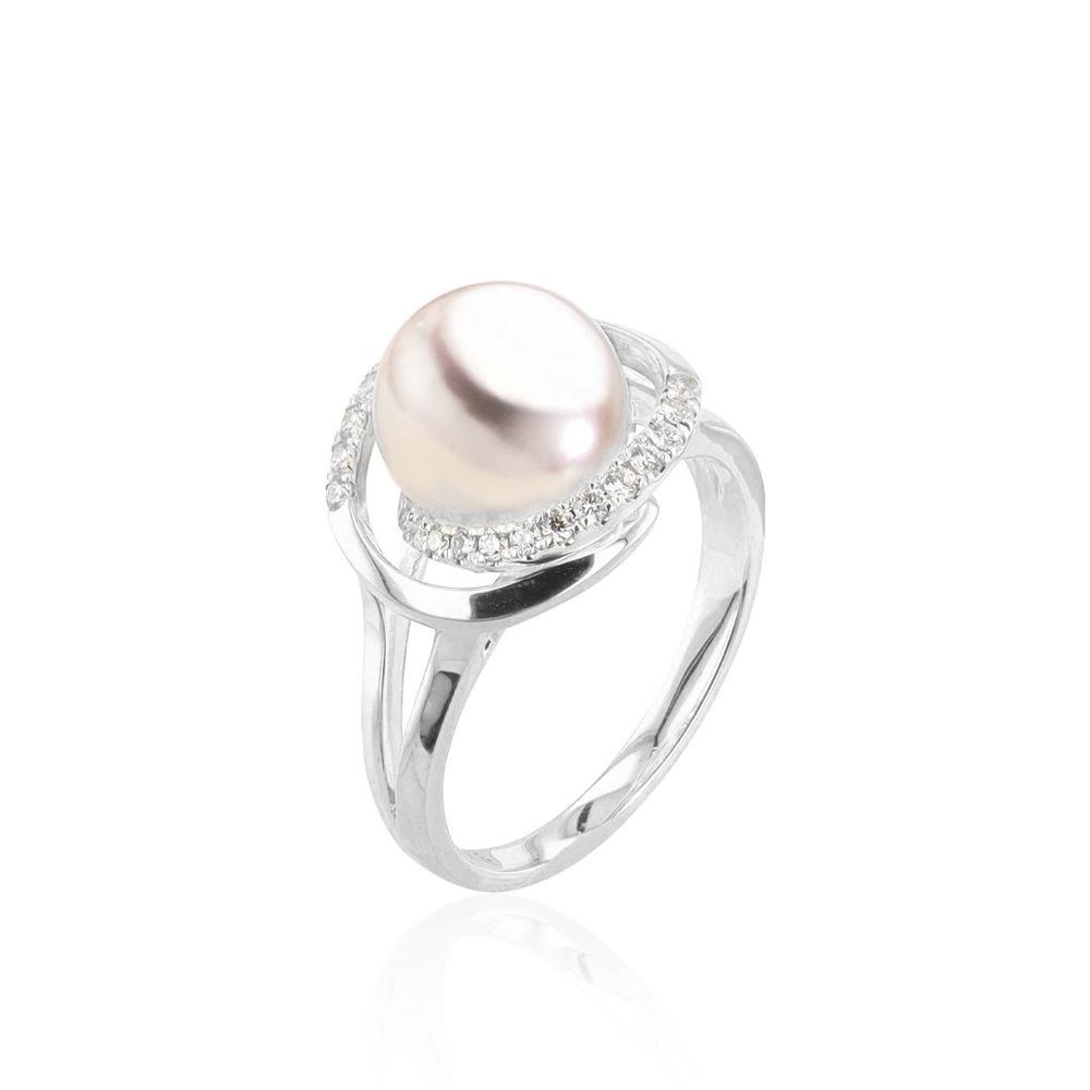 AURONOS Pearl Ring 18K white gold with 26 diamonds 0.19ct and Akoya bead 9-9.5mm