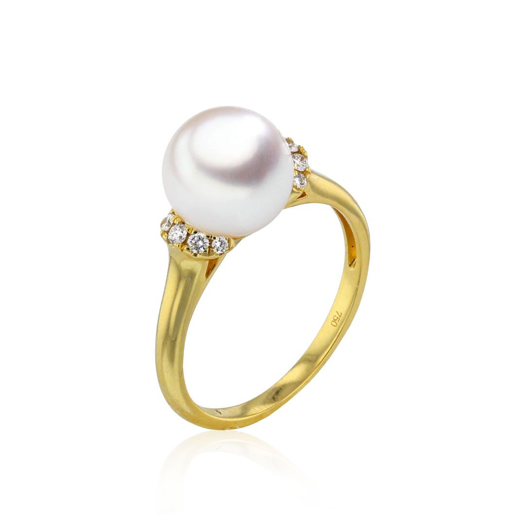 AURONOS Bague en perles 18K or jaune avec 10 diamants 0.13ct et perle Akoya 8-8.5mm