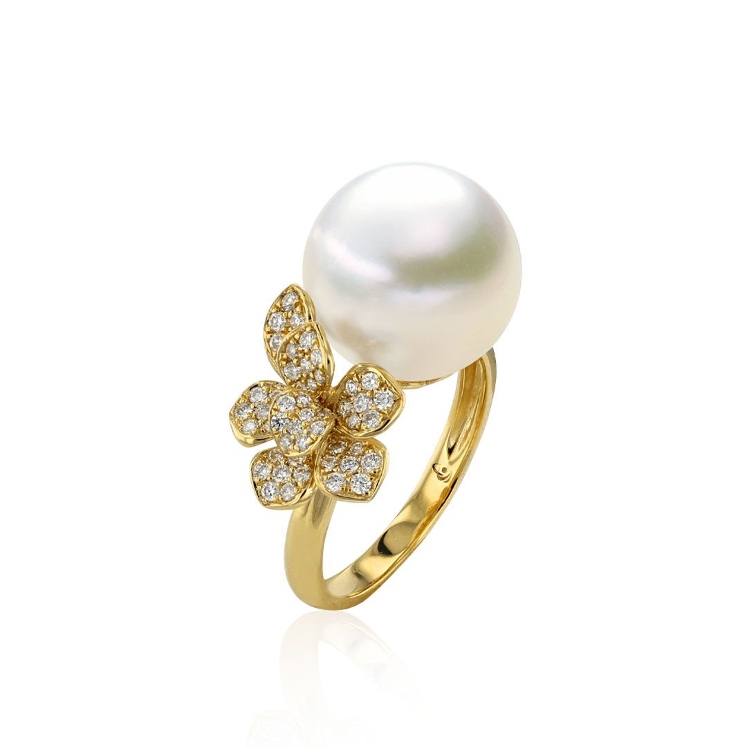 AURONOS Pearl Ring 18K yellow gold with 52 diamonds 0.32ct and South Sea pearl 12-13mm