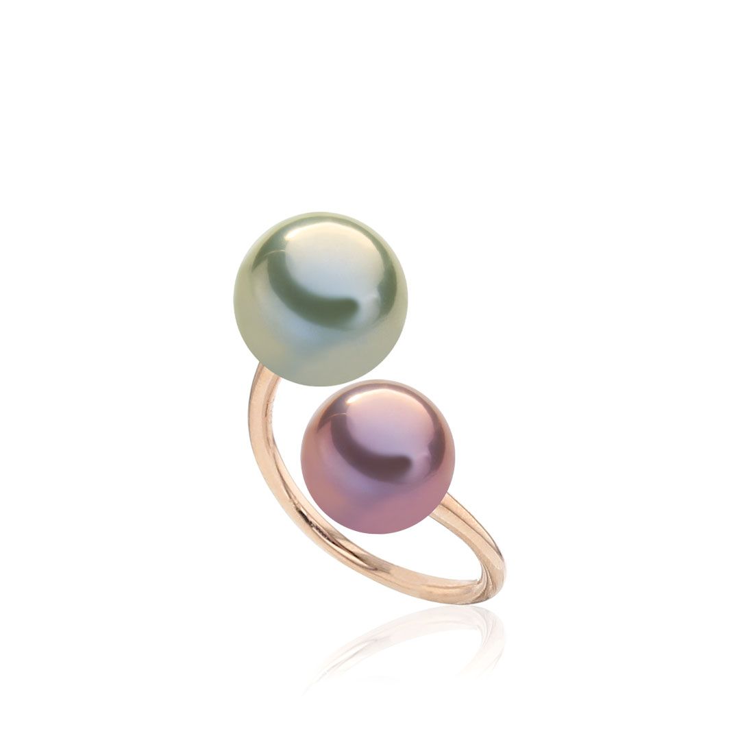 AURONOS Bague en perles 18K or rose avec perle Ming et Tahiti 10-12mm