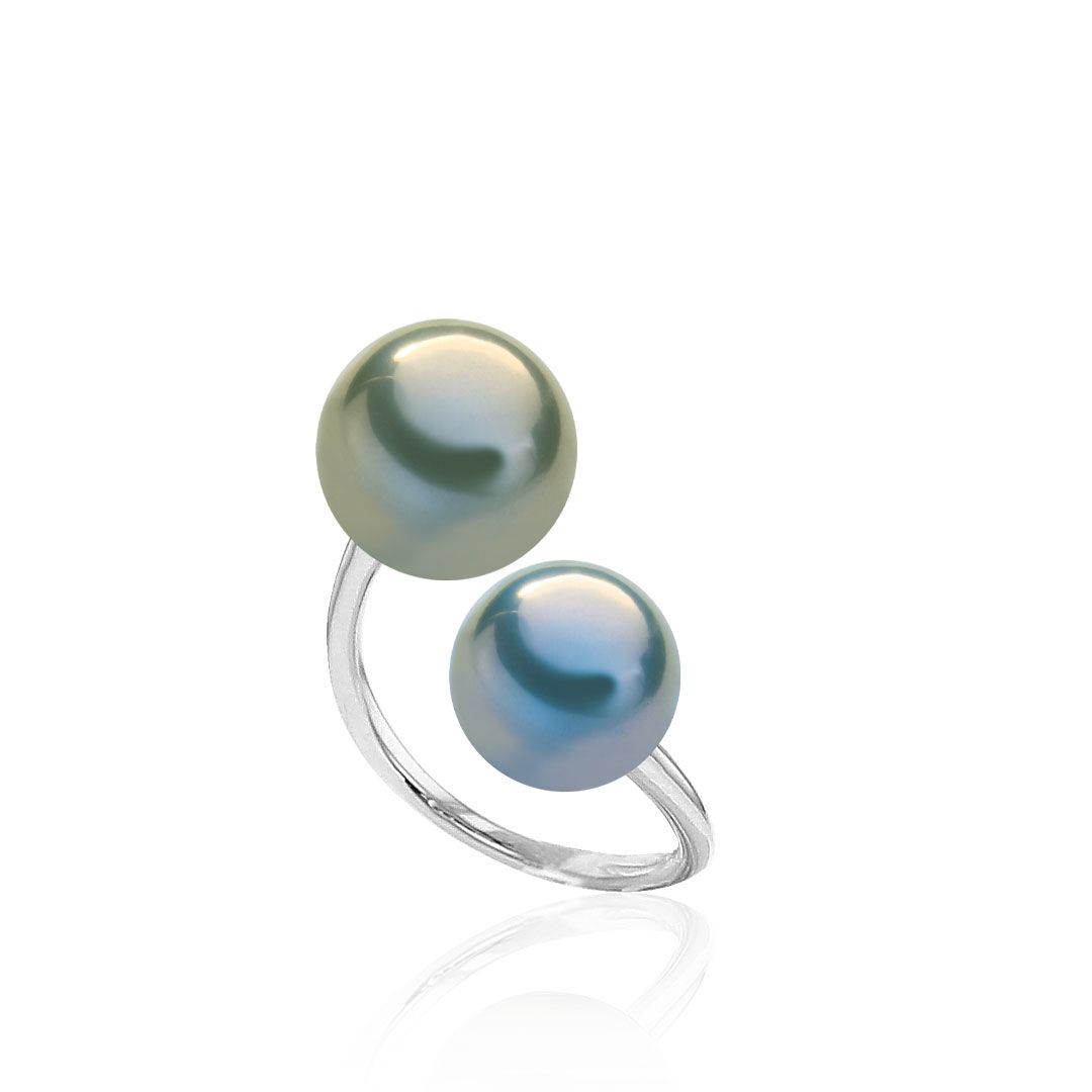 AURONOS Bague en perles 18K or blanc avec perles de Tahiti 9-12mm