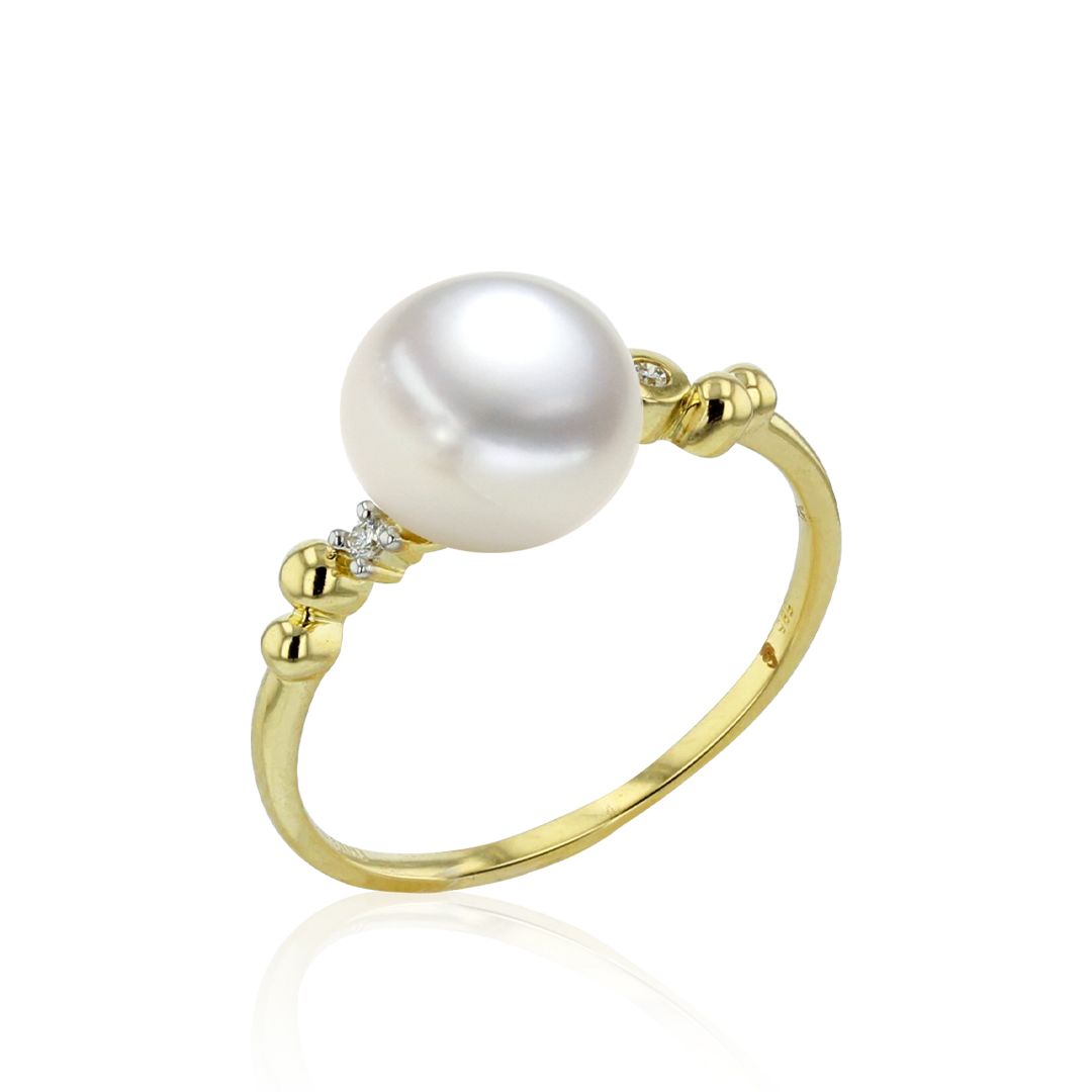 AURONOS Bague en perles 18K or jaune avec 2 diamants 0.02ct et perle d’eau douce 8.5-9mm