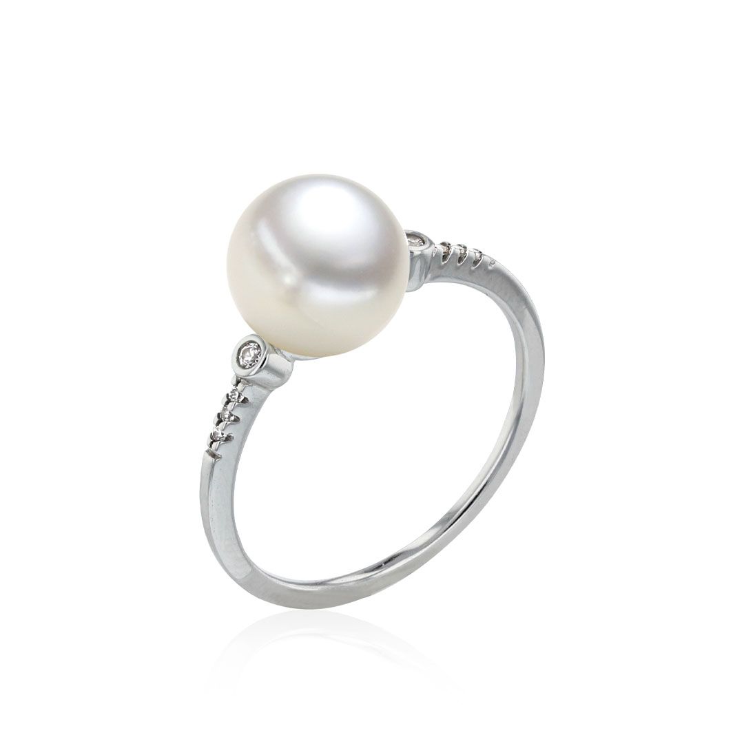 AURONOS Bague perles 18K or blanc avec diamants 0.04ct et perle d’eau douce 8.5-9mm