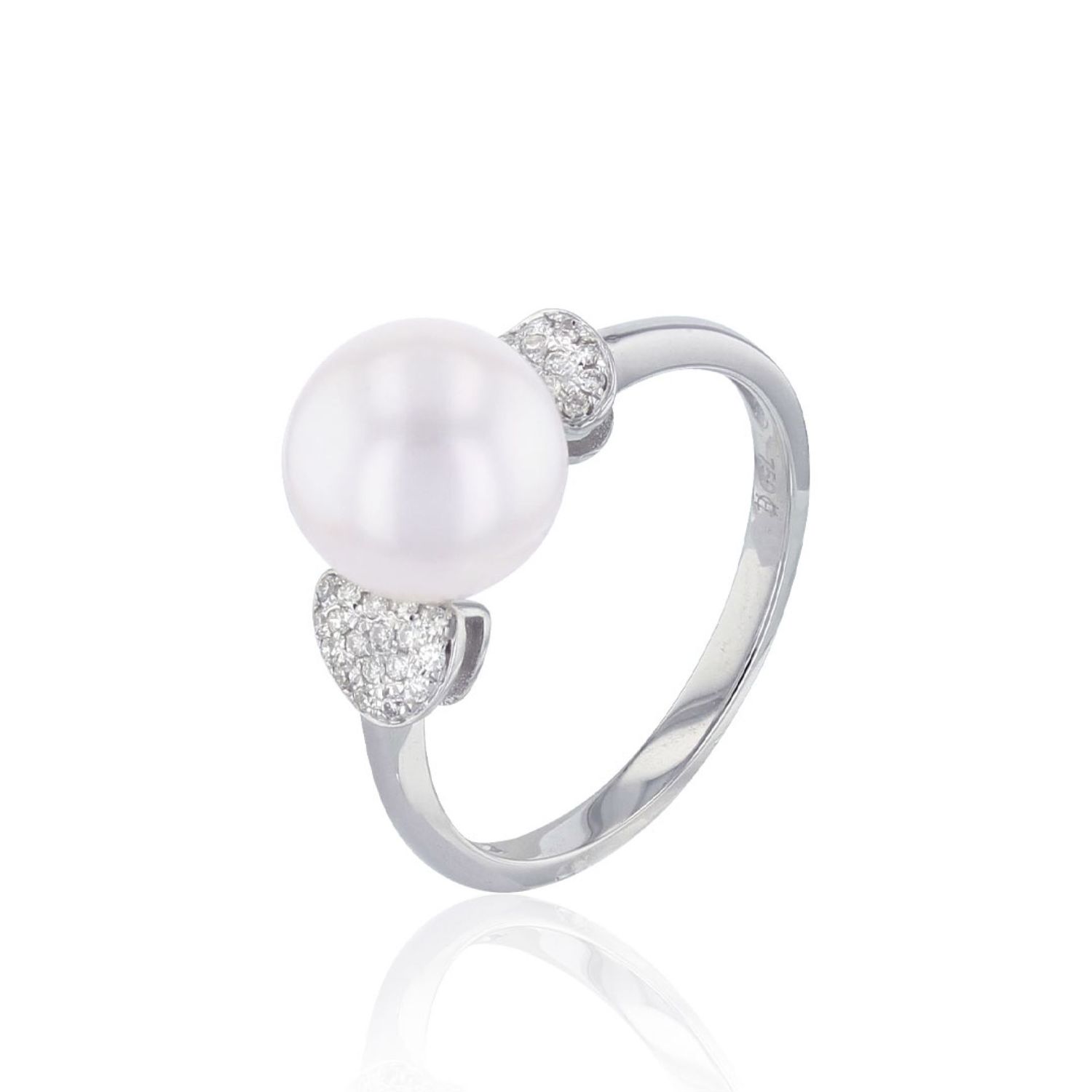 AURONOS Pearl Ring 18K White Gold with 30 Diamonds 0.13ct and Freshwater Pearl 8.5-9mm