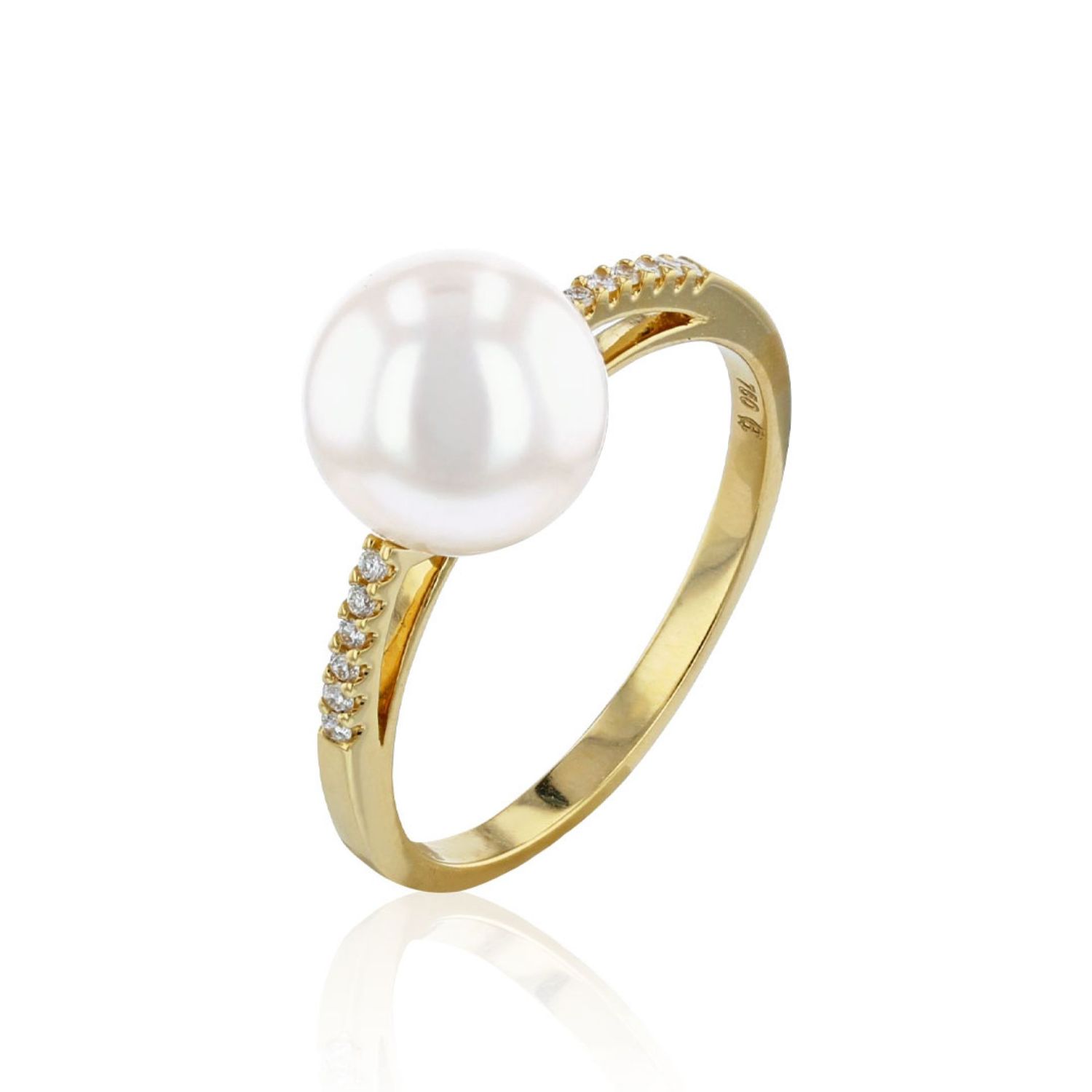 AURONOS Perlen Ring 18K Gelbgold mit Diamanten 0.06ct und Süsswasser Perle 9-9.5mm