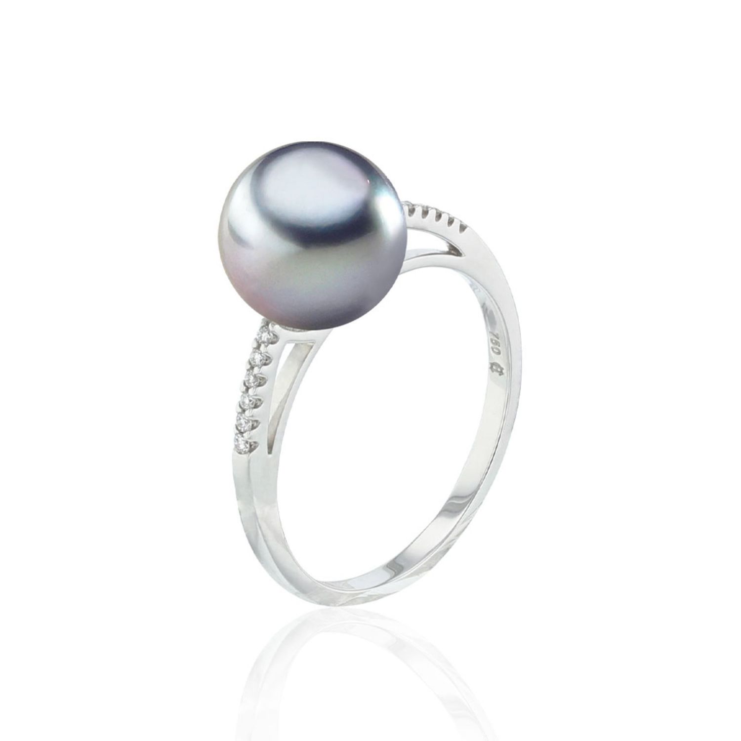 AURONOS Bague perles 18K or blanc avec diamants 0.06ct et perle de Tahiti 9-10mm