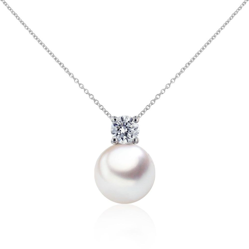 Pendentif AURONOS perles en or blanc 18K avec diamant 0.40ct et perle Akoya 9-9.5mm