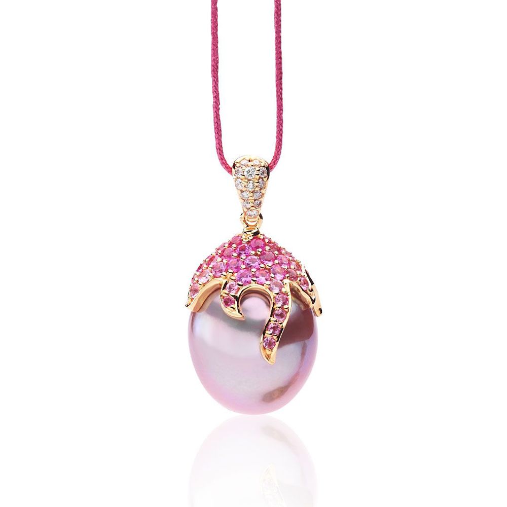 AURONOS Pearl Pendant 18K Rose Gold with White Diamond 0.05ct and Pink Sapphires 1.05ct as well as a Ming Bead 13-15mm