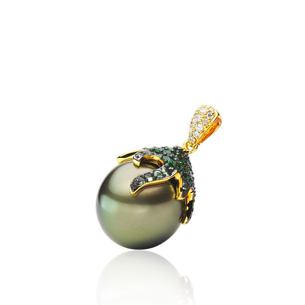 AURONOS Pearl Pendant 18K yellow gold with white diamond 0.05ct and tsavorit 0.80ct plus a Tahiti bead 11-13mm