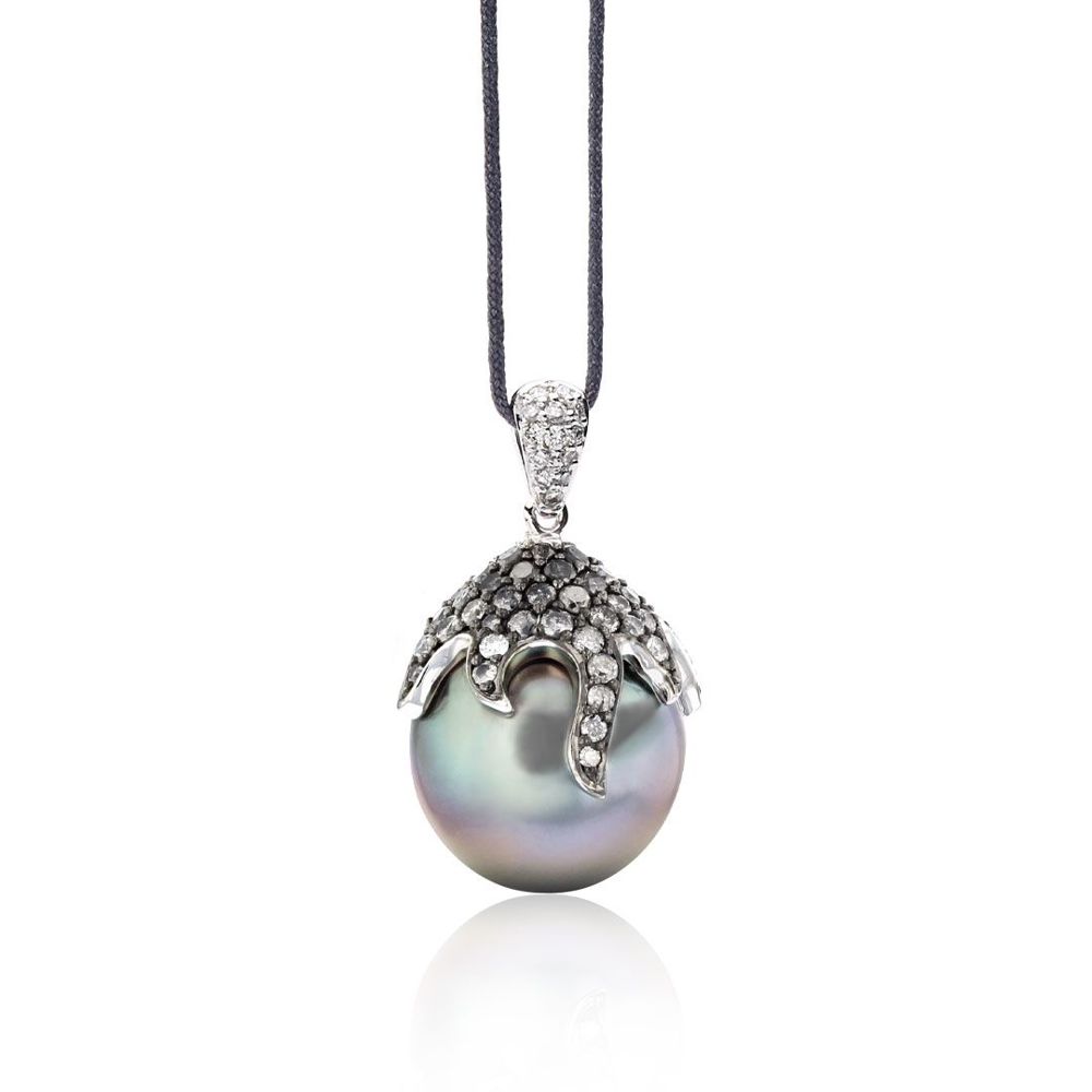 AURONOS Pearl Pendant 18K White Gold with White Diamond 0.05ct and Grey Diamonds 0.76ct plus a Tahiti Bead 11-13mm