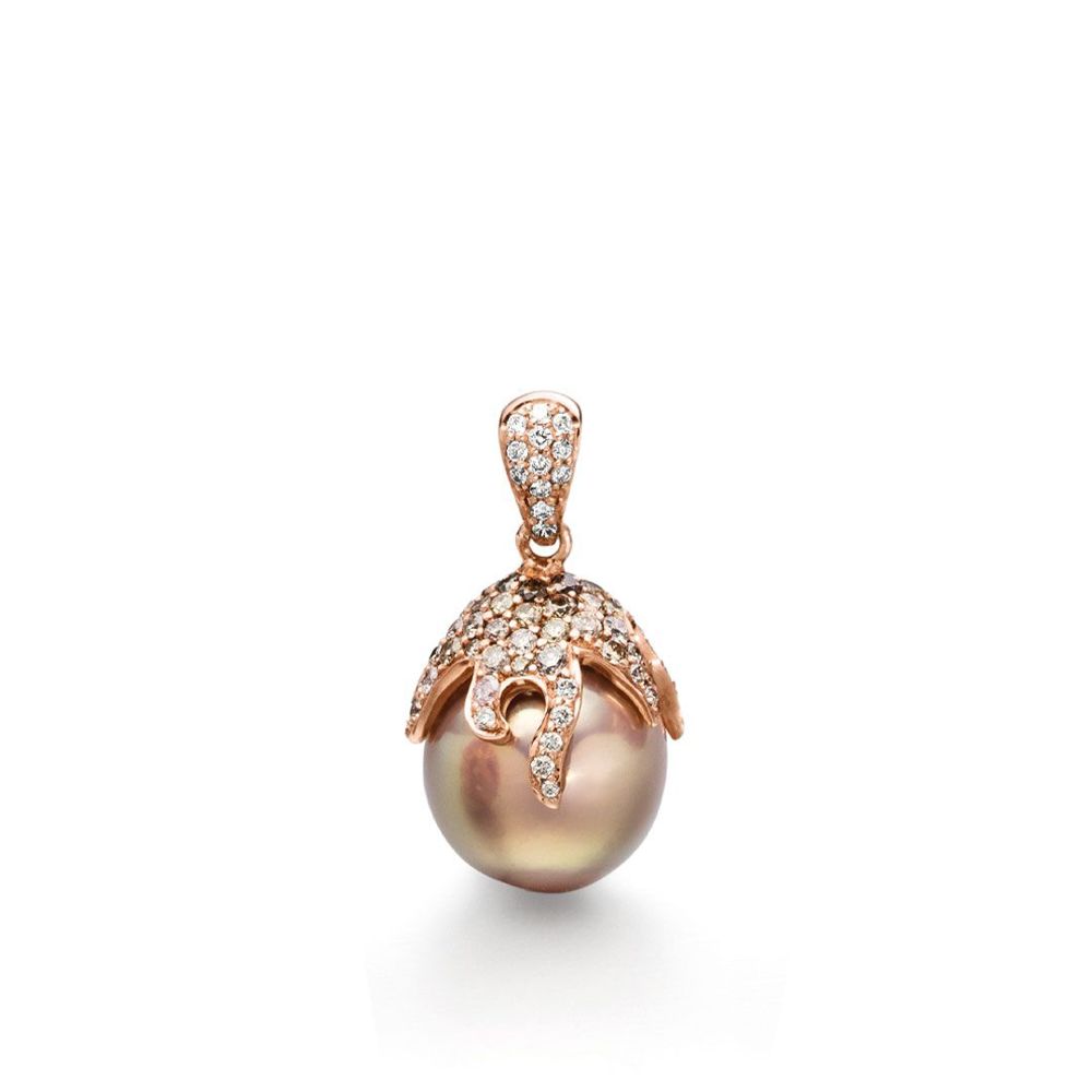 AURONOS Pearl Pendant 18K Rose Gold with white diamond 0.05ct and brown diamonds 0.51ct plus a Ming bead 10-11mm