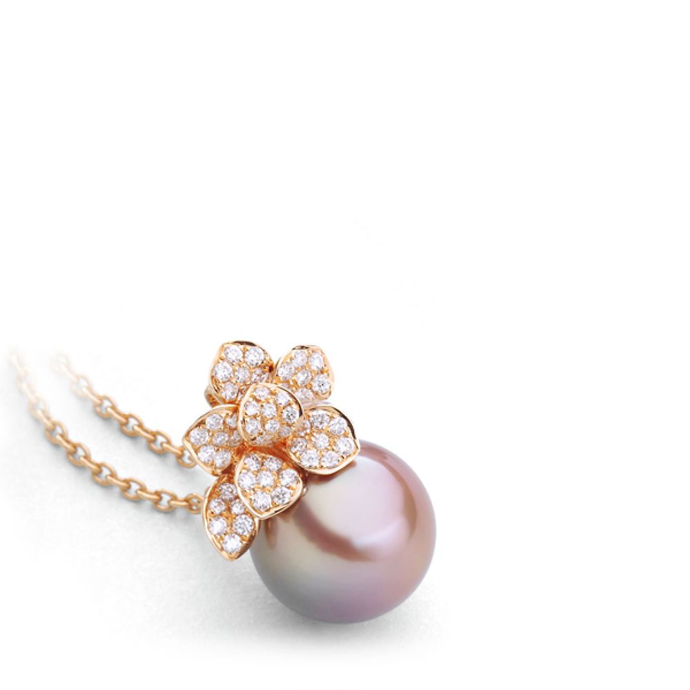 AURONOS Pendentif en perles 18K or rose avec 53 diamants 0.35ct et une perle Ming 11.5-12mm