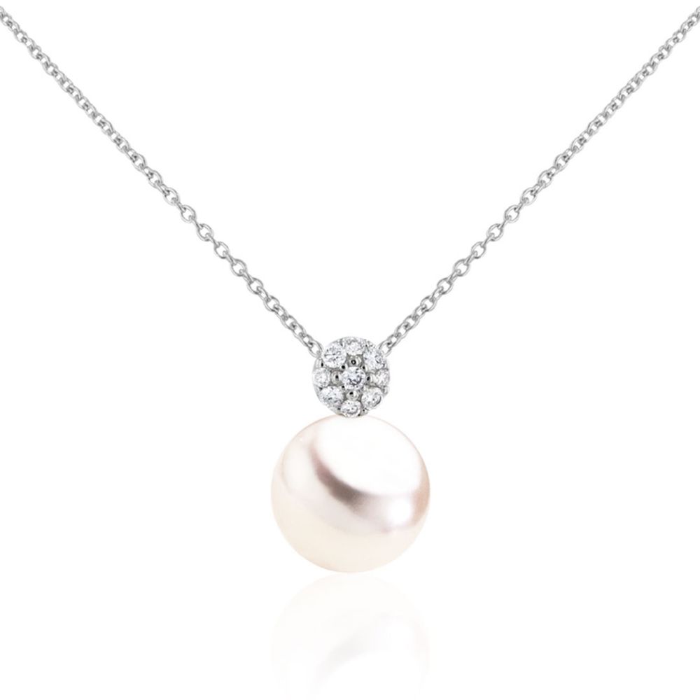 AURONOS Pearl Pendant 18K White Gold with 0.14ct diamonds and an Akoya bead 8-8.5mm