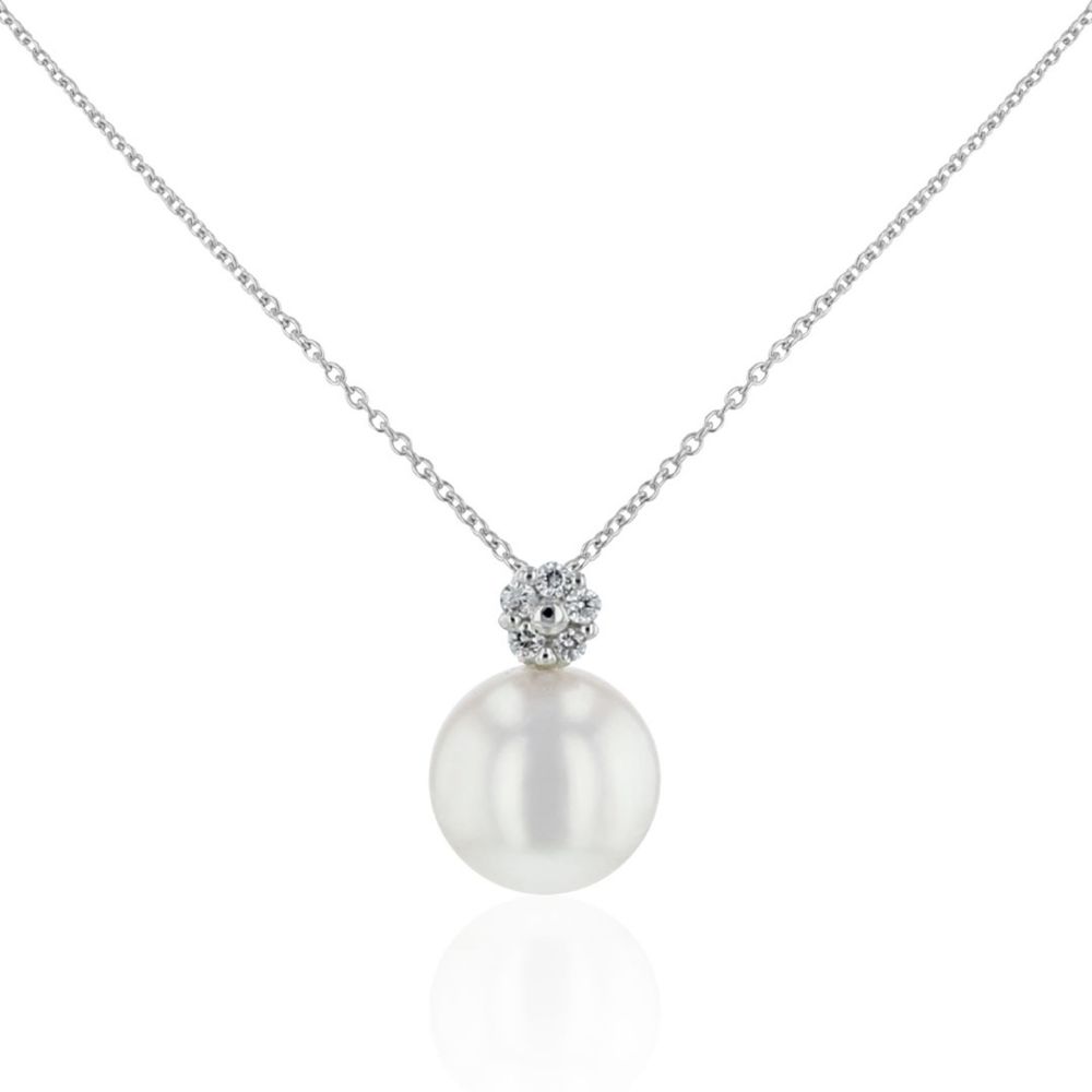 AURONOS Pendentif en perles 18K or blanc avec diamants 0.05ct et une perle d’eau douce 8-9mm