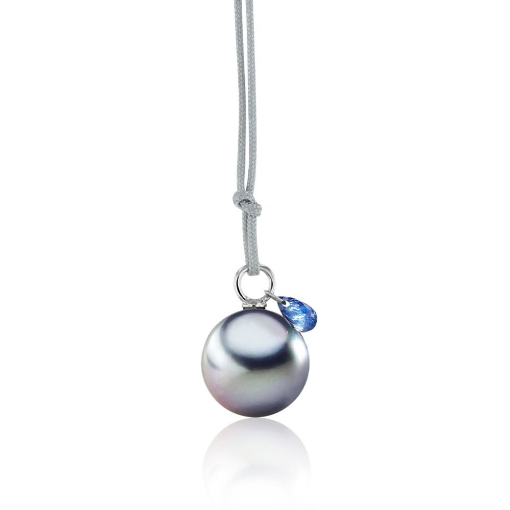 AURONOS Pendentif en perles 18K or blanc avec saphir bleu et une perle de Tahiti 10-11mm